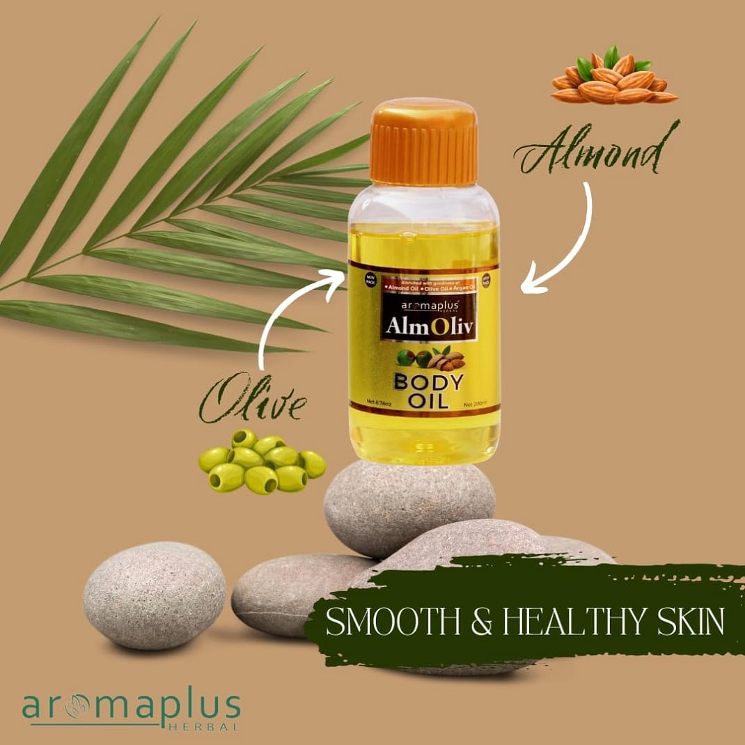 Aromaplus Almolive Body Oil - Enriched with Almond Oil, Olive Oil & Argan Oil for Deep Hydration | 200ml | Perfect for Dry Skin, Massage & Aromatherapy