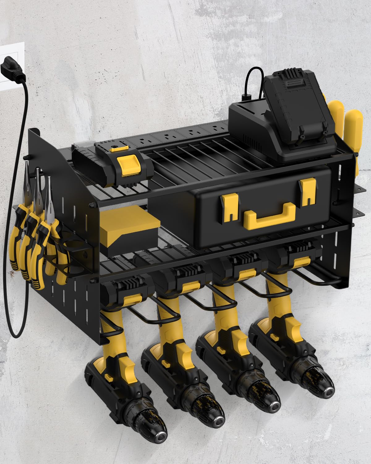 3-Tier Wall Mount Power Tool Charging Station with 6 AC Outlets - Heavy Duty Garage Organizer for Drills & Tools | Perfect for Workshop, DIY Projects & Home Garage Storage