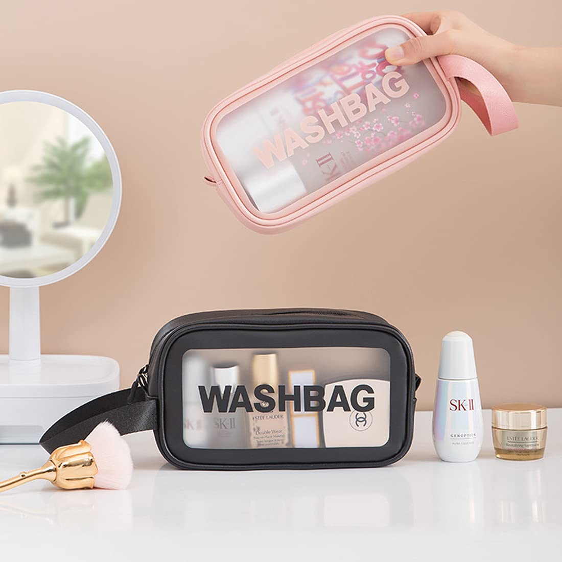 Waterproof Transparent PVC Toiletry Bag for Women - Pink Makeup Travel Cosmetic Organizer with Zipper, Portable Wash Bag for Bathroom, Gym, and Vacation Essentials Storage