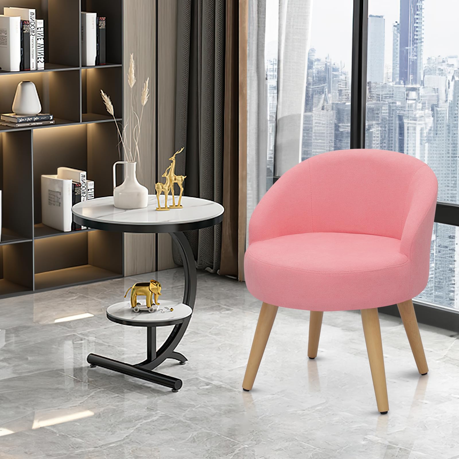 Magshion Velvet Vanity Chair with Back & Wooden Legs - Pink Accent Makeup Chair for Bedroom | Cute Linen Single Chair for Dressing Table, Girls Room Decor & Home Beauty Station