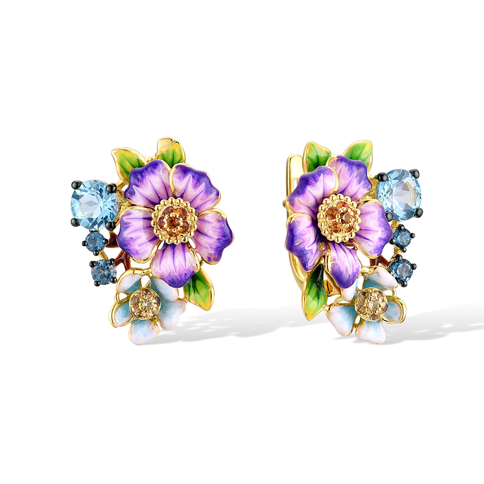 Santuzza Peony Earrings for Women - 925 Sterling Silver Blue Glass Enamel Purple Flower Dangle Earrings | Elegant Jewelry for Parties, Weddings & Special Occasions