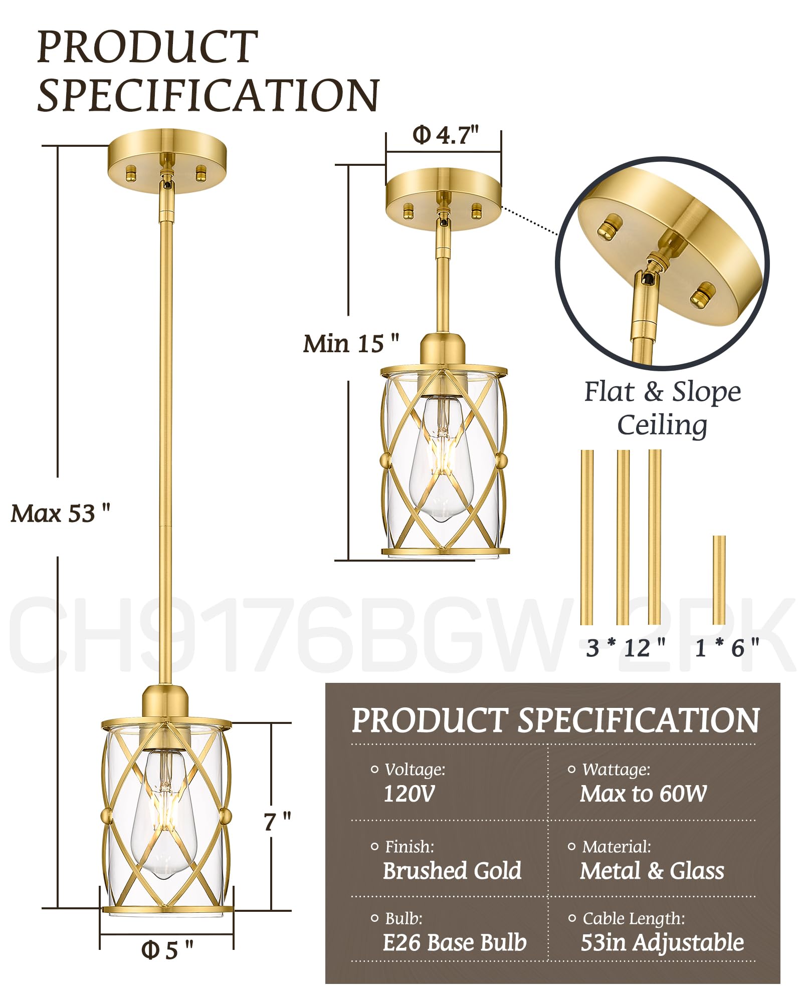Brushed Gold Pendant Lights for Kitchen Island - 2 Pack Farmhouse Brass Glass Cage Hanging Light Fixture with Rod - Perfect for Kitchen, Dining Room, Bathroom, and Sink Areas - CH9176BG-2PKG