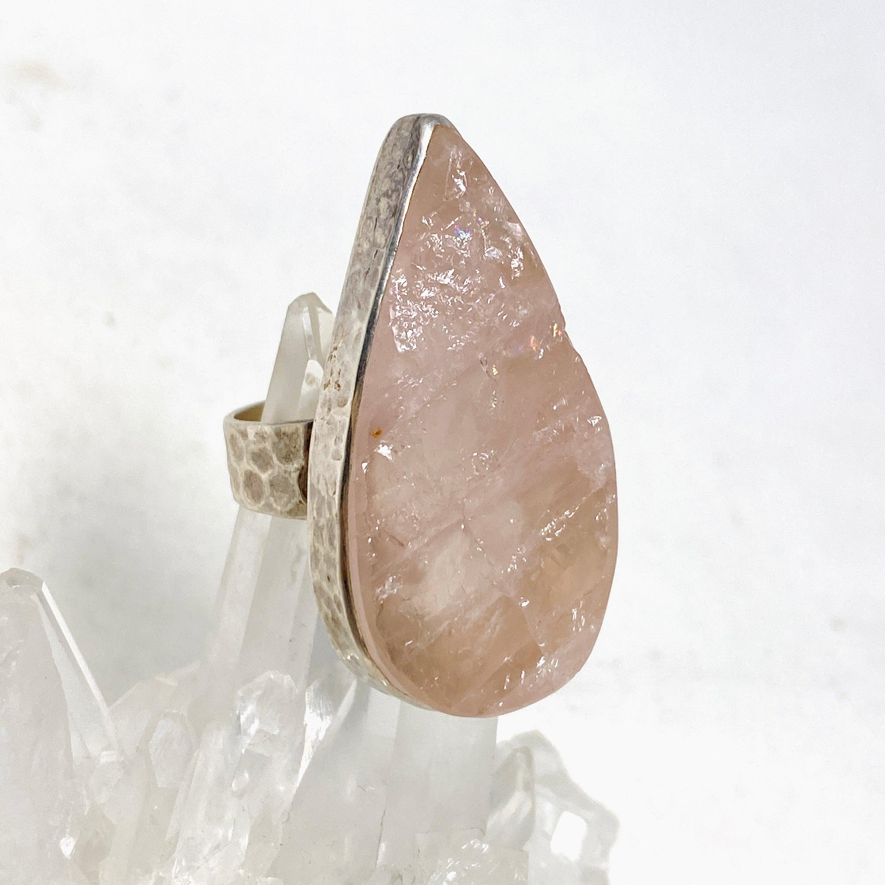 Natural Rose Quartz Teardrop Ring with Hammered Band - Size 10 - KRGJ1302 | Healing Crystal Jewelry for Meditation, Energy Work & Spiritual Gifts