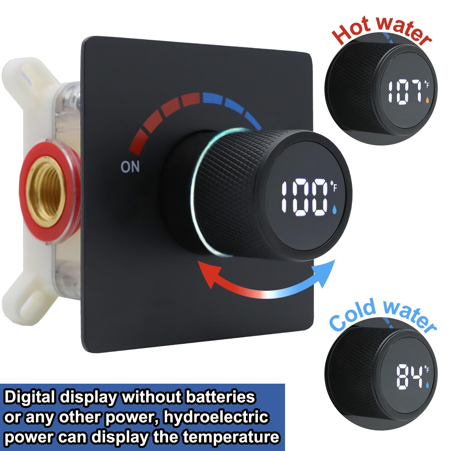 Digital Thermostatic Shower Valve with Temperature Display - Solid Brass Concealed Shower Diverter Valve Kit - Wall Mounted Shower System with Body Jets & Individual Controls - Matte Black Finish for Modern Bathrooms & Spa-Like Showers