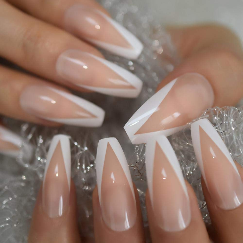 HUIL White French Ballerina Fake Nails - Natural Nude Glossy Coffin False Nail Tips with Free Adhesive Tapes for Salon, Party & Special Occasions | Easy DIY Manicure at Home