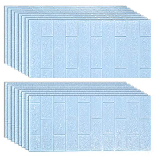 3D Brick Wall Stickers - Waterproof Self-Adhesive Wallpaper for Bedroom, Living Room, Kitchen & TV Backdrop Decor - 35X77cm (16Pcs) - Perfect for Home Renovation & Interior Design Projects (Color: Light Blue)
