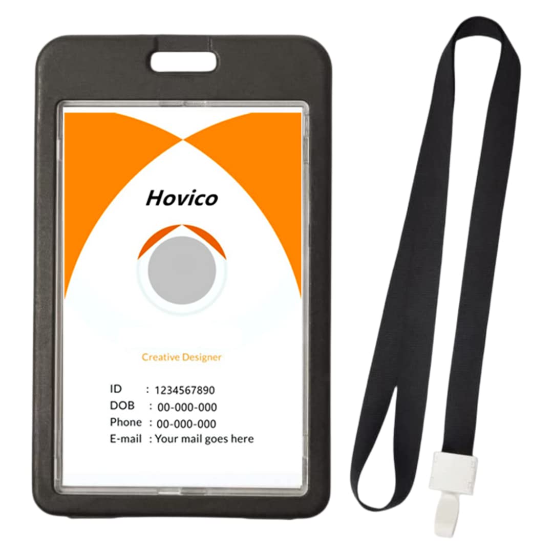 Hovico Vertical Double Sided Clear ID Badge Holder with Lanyard - Waterproof Name Tag Card Holder for School, Office, Events & Security (Black) - Perfect for Teachers, Students, Employees and Conference Attendees
