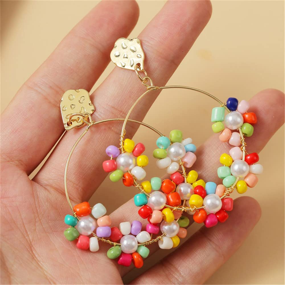 Bohemian Flower Bead Hoop Earrings for Women - Colorful Resin Beaded Dangle Earrings, Creative Handmade Jewelry for Parties, Weddings & Summer Outfits