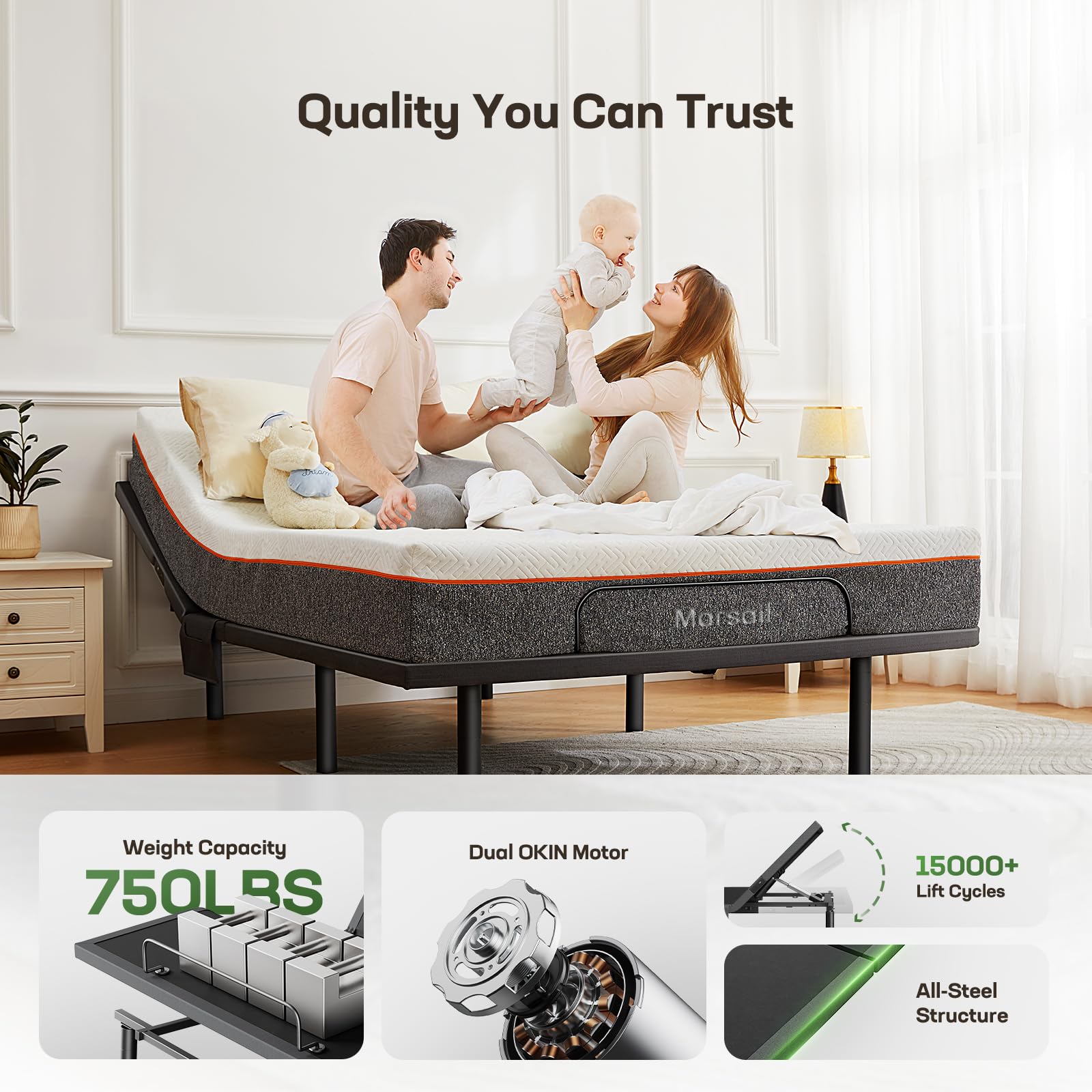 Marsail MS01 Queen Adjustable Bed Base Frame with 4 USB Ports (A&C), Under-Bed Nightlight & Wireless Remote - 3-Minute Assembly, 4 Height Options - Perfect for Home, Office, and Guest Room Comfort