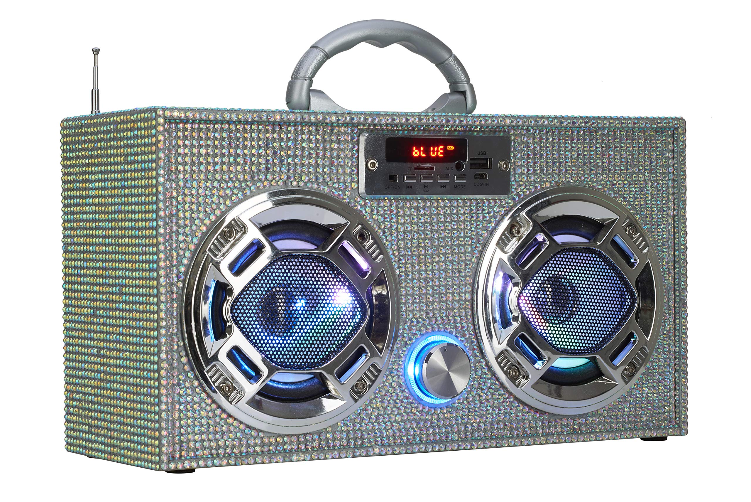 Retro Mini Boombox Bluetooth Speaker with LED Lights & Enhanced FM Radio - Portable Wireless Speaker for Home, Outdoor, Parties & Travel (Iridescent Bling) - Perfect for Room Decor, Beach Trips & Camping