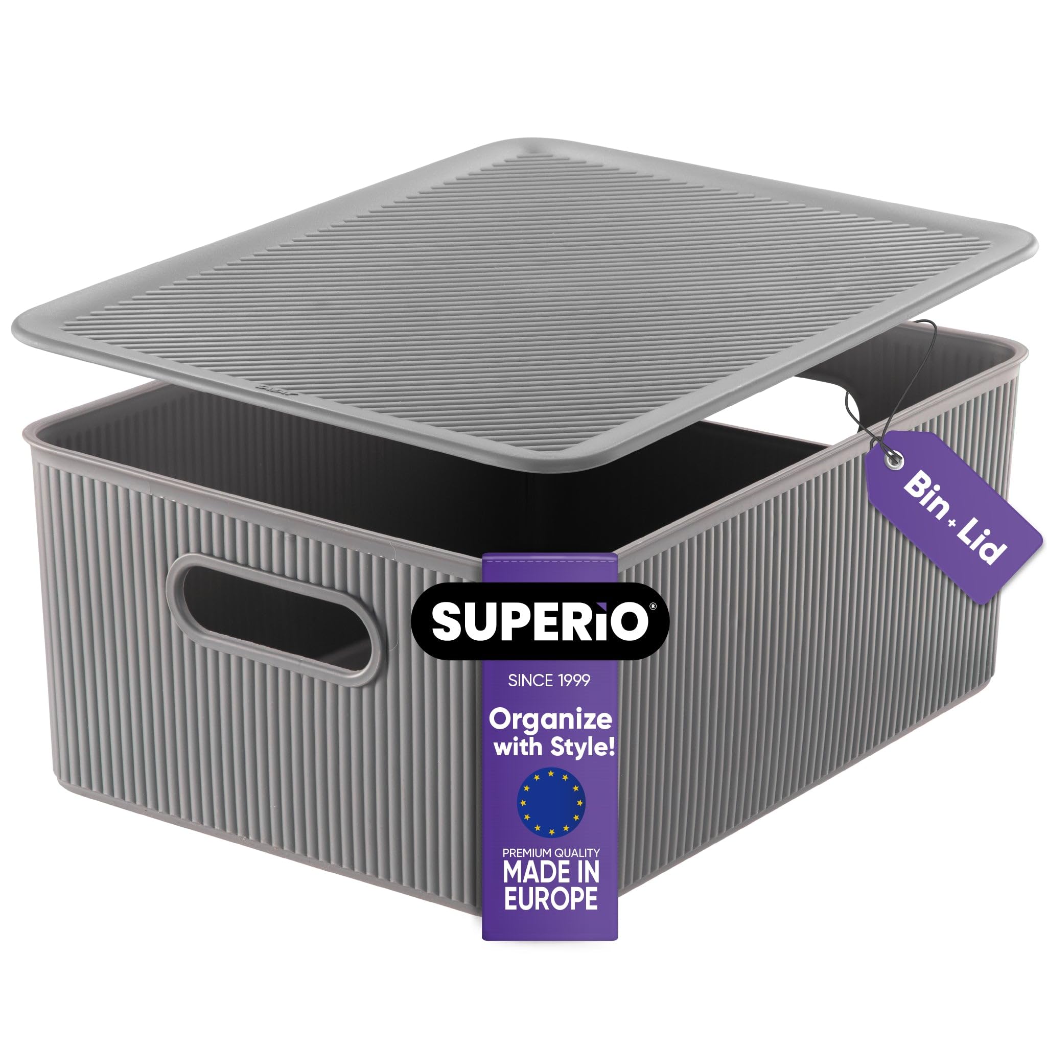 Superio Ribbed Collection - Decorative Plastic Storage Bins with Lids, Large Grey (15L) - Stackable Organizer Baskets for Closet, Shelf, Drawer & Home Organization - Perfect for Bedroom, Bathroom & Office Storage