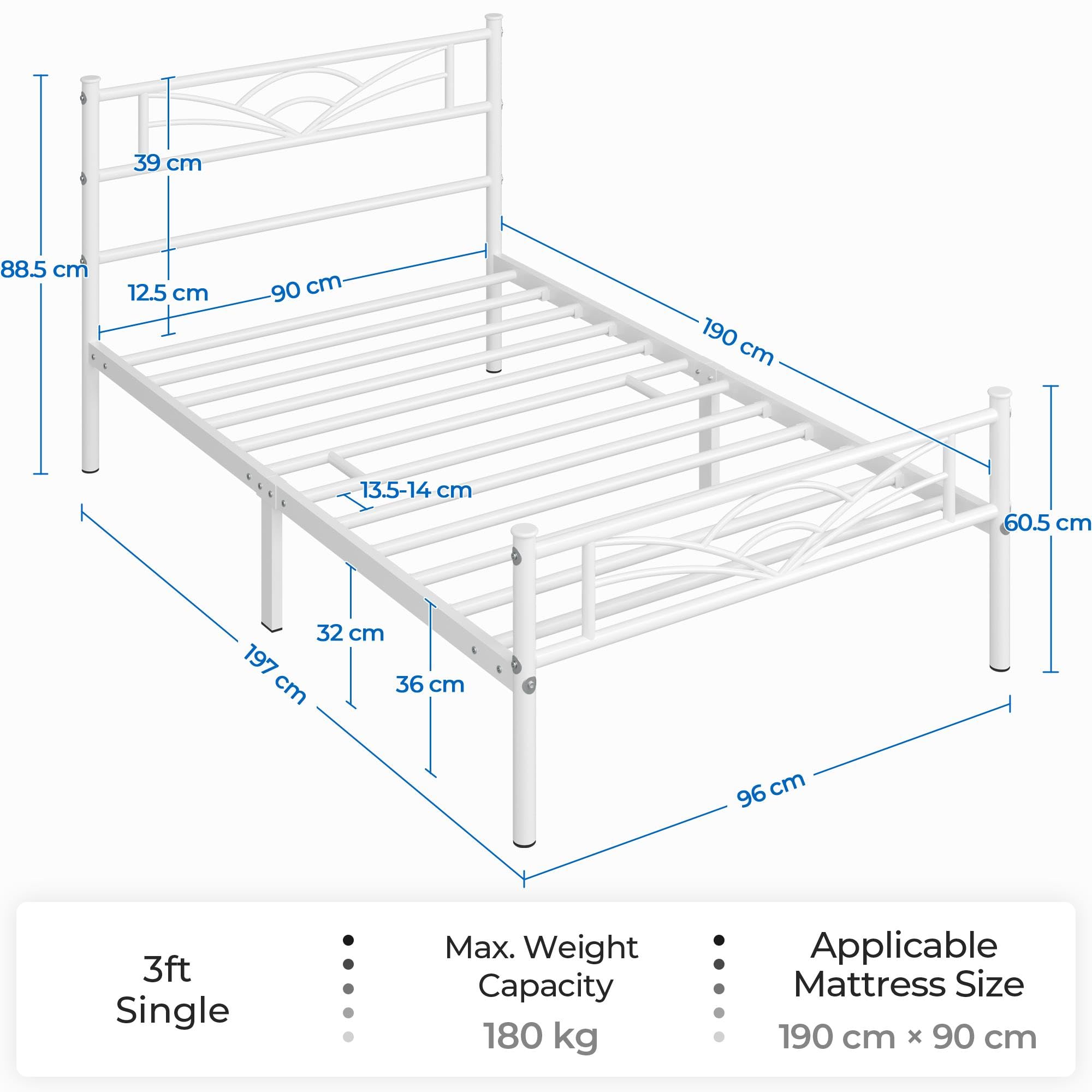 Yaheetech 3ft Single Metal Bed Frame with Slatted Base & Cloud-Design Headboard, Sturdy White Platform Bed with Underbed Storage - Perfect for Small Bedrooms, Guest Rooms & Dormitories