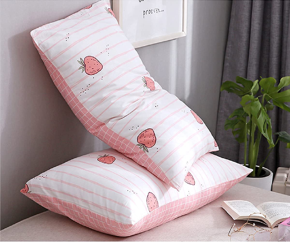 Strawberry Print Pillowcase Set - 2 Pack 20x26 Inch Kawaii Cute Cotton Pillow Covers for Kids, Teens, Boys & Girls - Envelope Closure Decorative Bedding Accessories for Bedroom, Dorm, Nursery & Home Decor