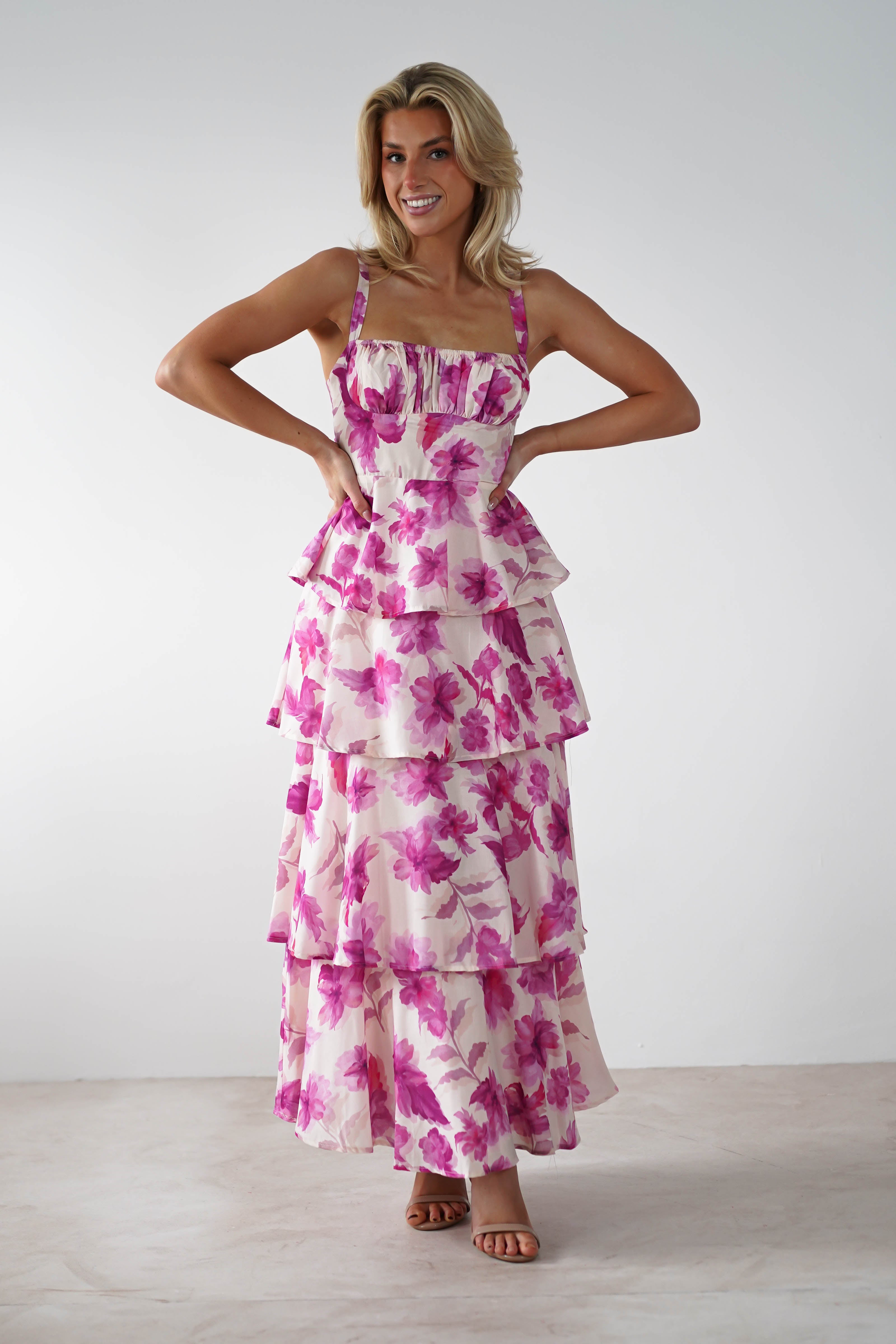 Emory Ruffle Flower Print Midaxi Dress - Floral Pink Summer Dress for Women | Perfect for Beach Vacations, Parties & Casual Outings
