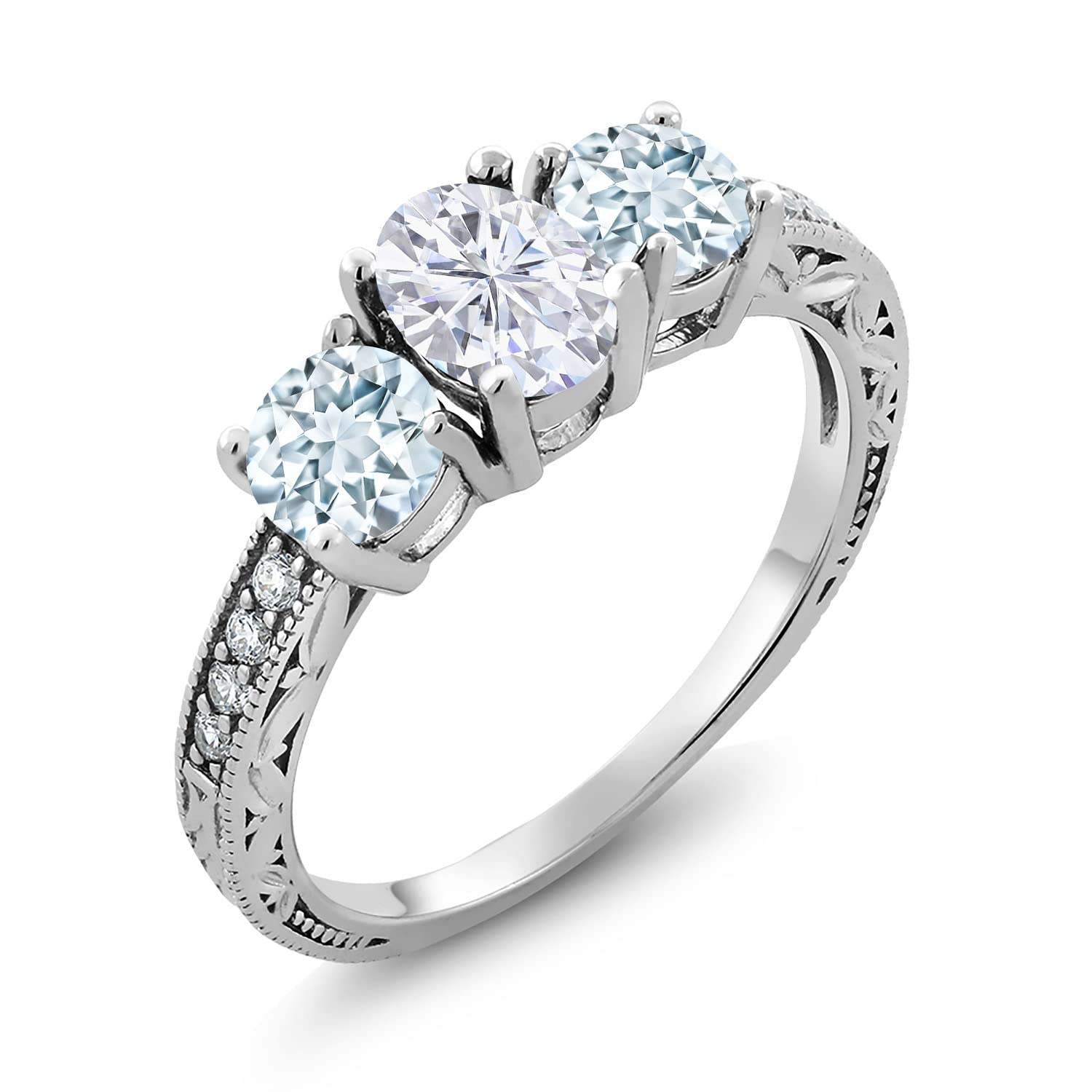 Gem Stone King 925 Sterling Silver Sky Blue Aquamarine & Moissanite Ring Set (2.02 Cttw) - Elegant Jewelry for Women, Perfect for Engagement, Wedding & Anniversary Gifts