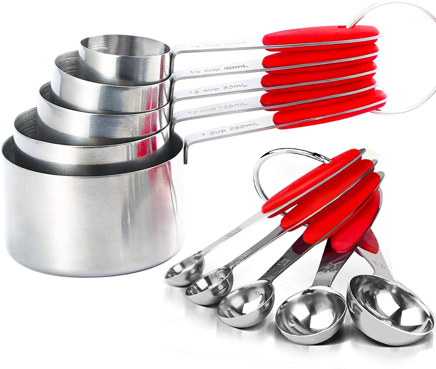 10-Piece Stainless Steel Measuring Spoons and Cups Set with BPA-Free Silicone Grips - Accurate Kitchen Measuring Tools for Cooking, Baking & Meal Prep - Dishwasher Safe, Red