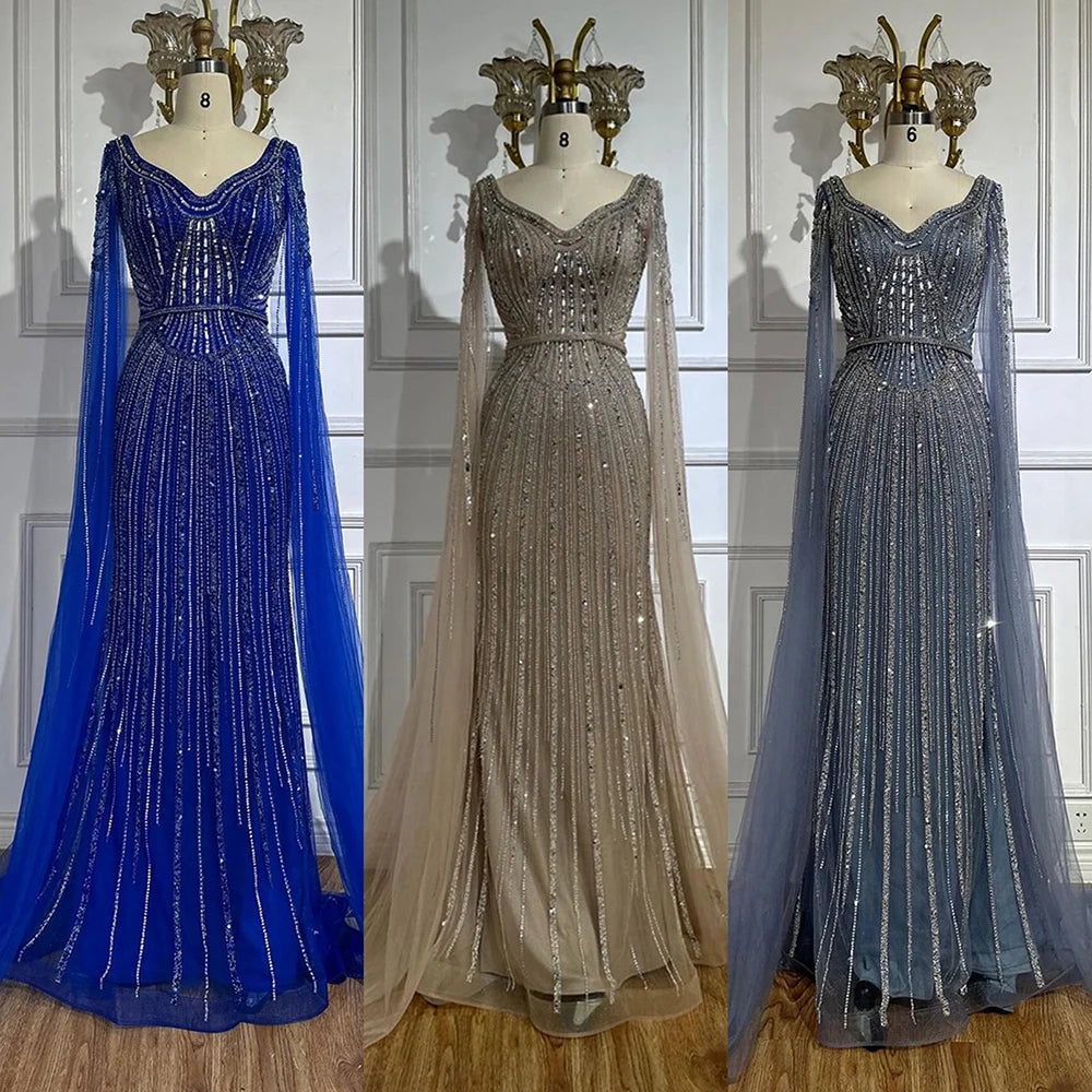 Elegant Dubai Royal Blue Beaded Arabic Evening Gown with Cape Sleeves - Luxury Women's Party Dress for Special Occasions | Perfect for Weddings, Galas & Formal Events 2025 LA72502