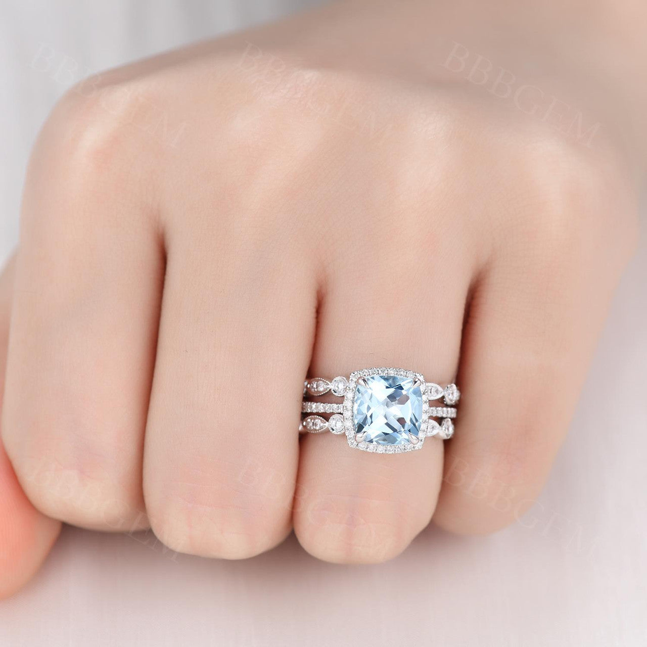 2.2 Carat Cushion Cut Aquamarine and Diamond Bridal Set, 14K White Gold Wedding Ring with Full Eternity Band - Perfect for Engagement, Anniversary, and Art Deco Style Jewelry Lovers