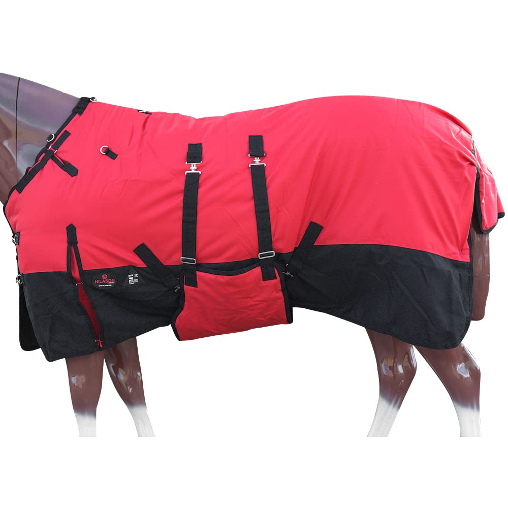 HILASON 1200D Winter Waterproof Horse Blanket with Belly Wrap - 66 Inches, Red | Heavy Duty Polyester Horse Rug for Cold Weather | Ideal for Trail Riding, Barn Use & Outdoor Protection