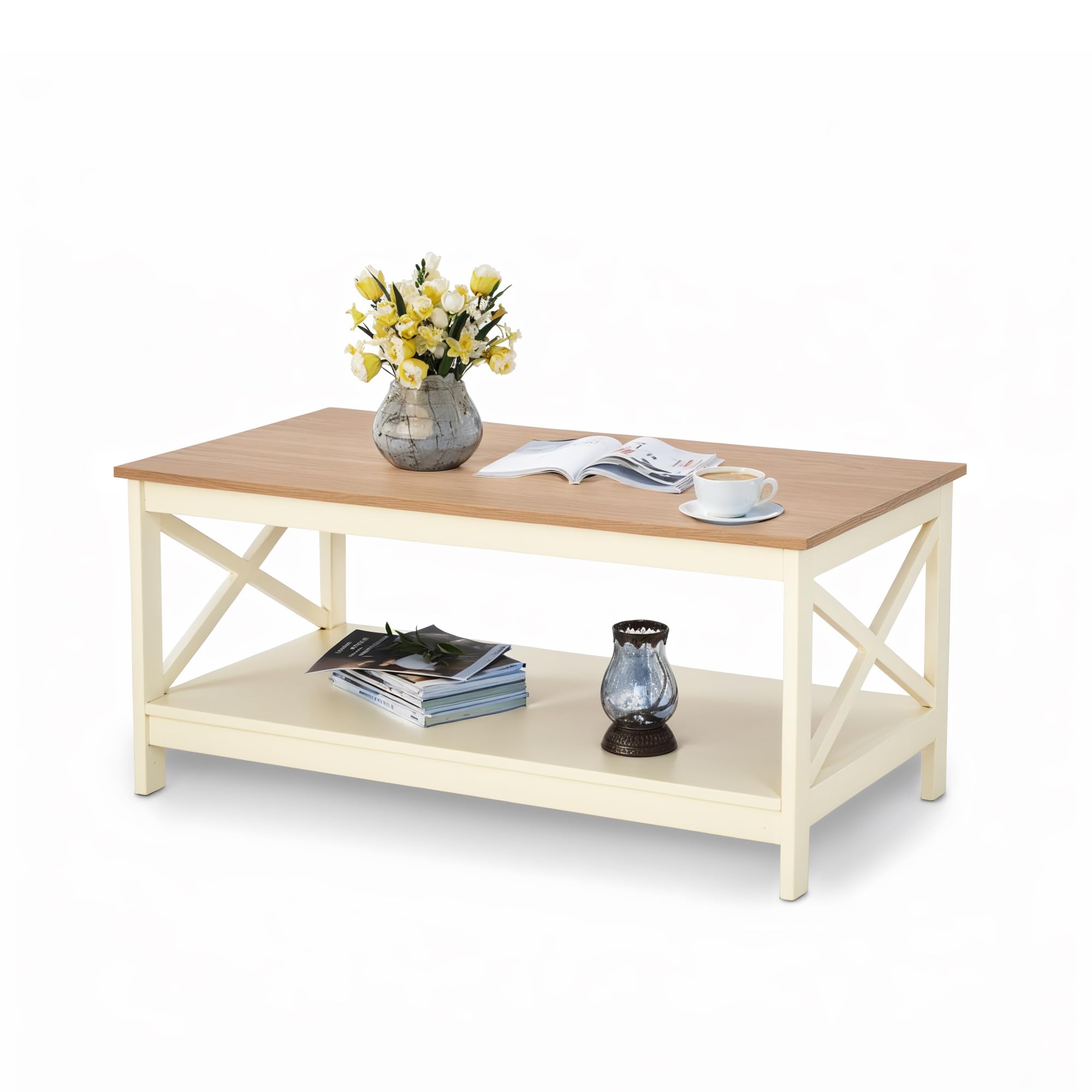 Farmhouse 2-Tier Coffee Table with Storage - Modern Ivory White Living Room Furniture for Small Spaces | Rustic Home Decor, Centerpiece for Family Gatherings & Cozy Nights