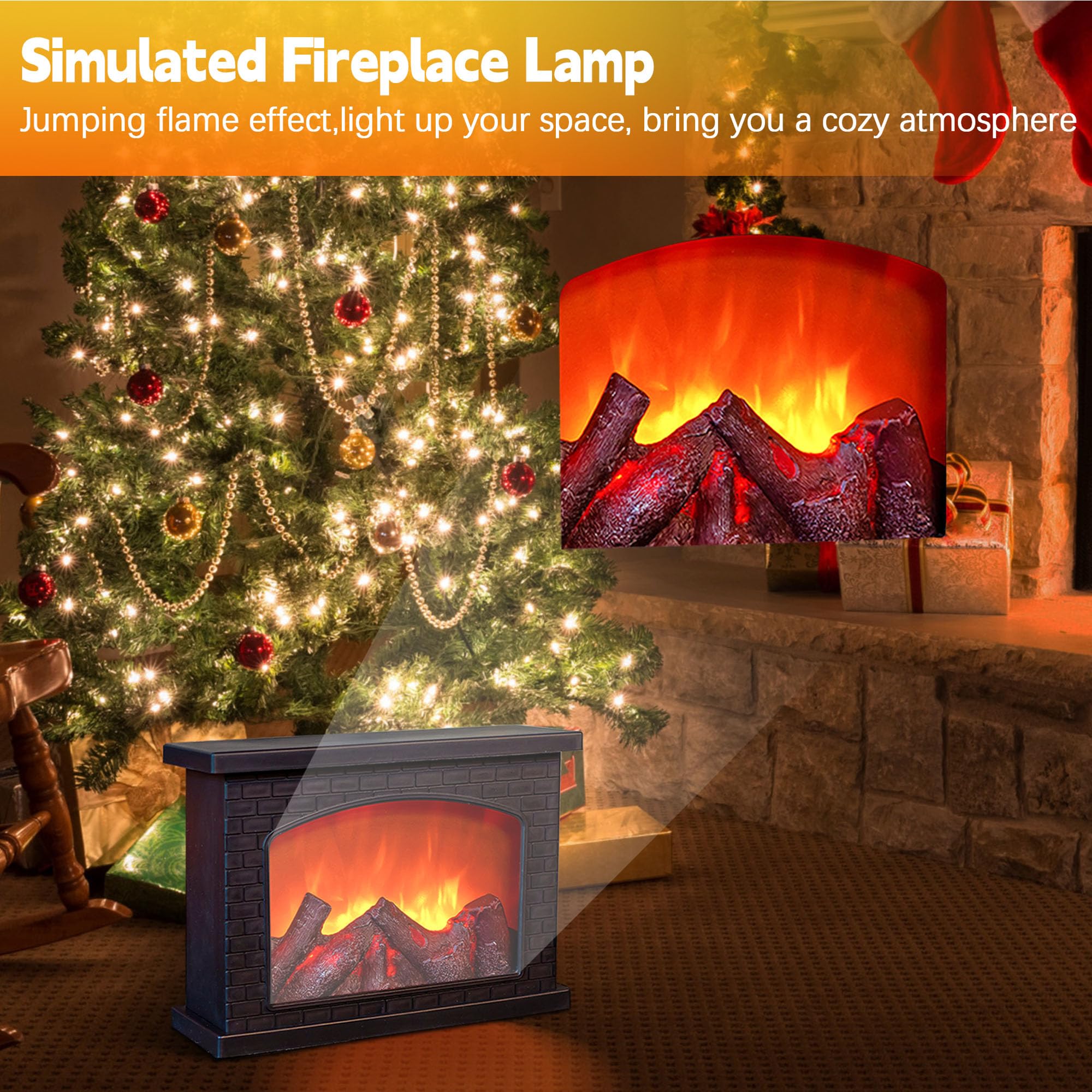 LED Fireplace Lanterns - Battery Operated & USB Rechargeable Fake Fireplace with Realistic Flame Effect - Indoor/Outdoor Christmas Decor for Home, Patio, Wedding, Party (Black, No Heater)