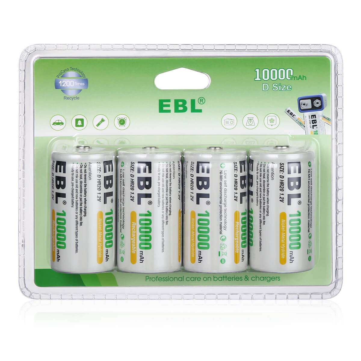 EBL Rechargeable D Batteries 10000mAh High Capacity - 4 Pack Long Lasting Power for Flashlights, Toys, Radios & Emergency Devices