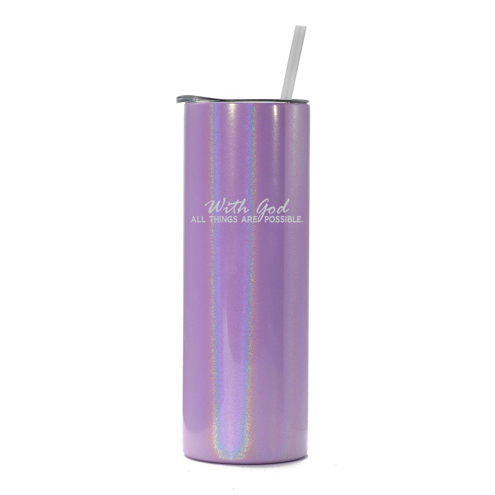 20 oz Skinny Tall Stainless Steel Vacuum Insulated Tumbler with Straw - Purple Iridescent Glitter Travel Mug, 