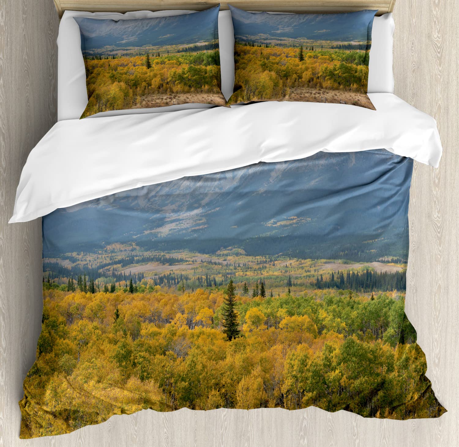 Ambesonne Glacier National Park Duvet Cover Set - King Size 2-Pack with Foggy Forest & Mountain Scenery | Includes 2 Duvet Covers & 4 Pillowcases in Blue Grey Pale Coffee | Perfect for Cozy Bedrooms, Cabin Retreats & Nature-Inspired Home Decor