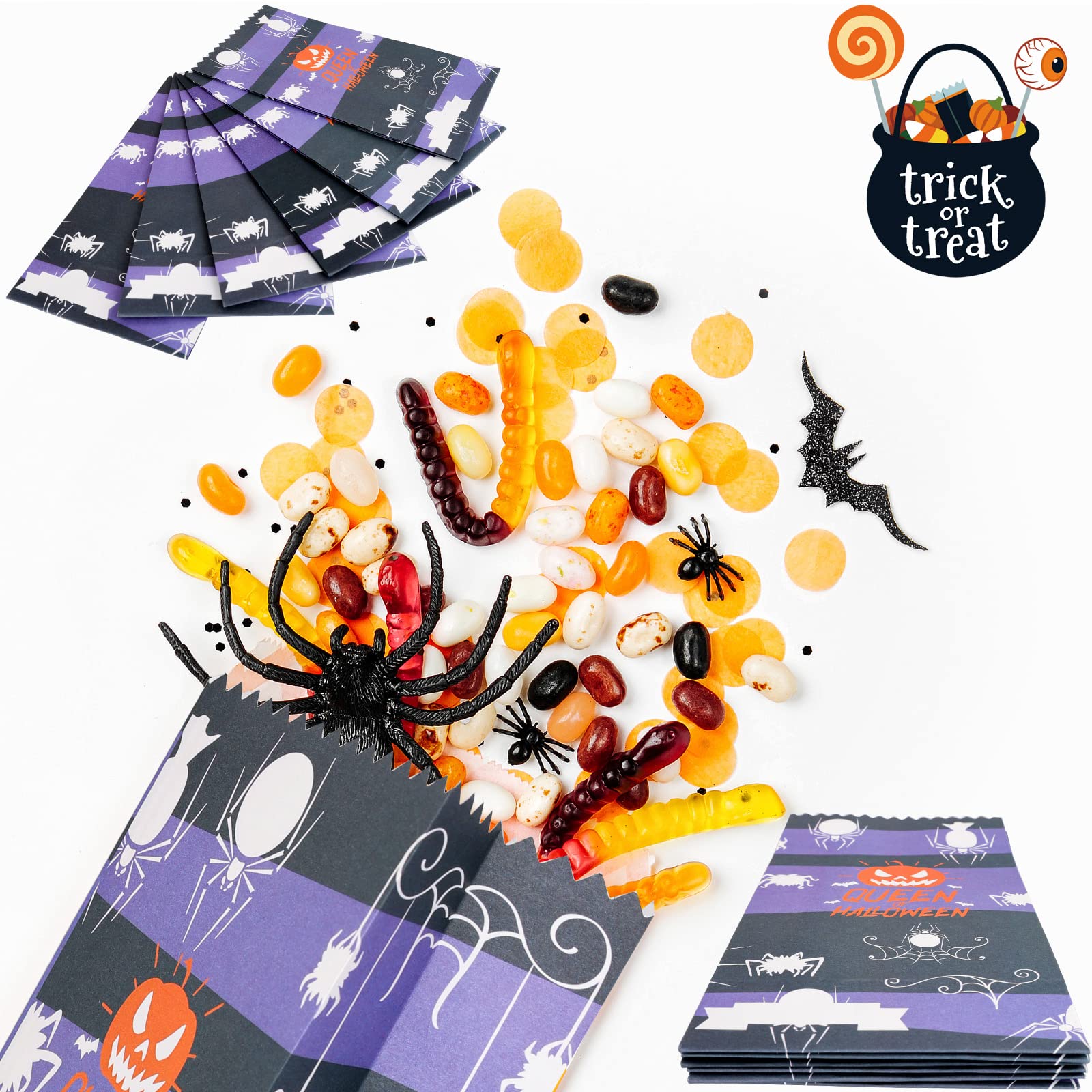 62 Pack Halloween Treat Bags with 72 Stickers - Cute Trick or Treat Candy Goodie Bags for Kids, Halloween Party Favors, Classroom Treats & Neighborhood Halloween Events