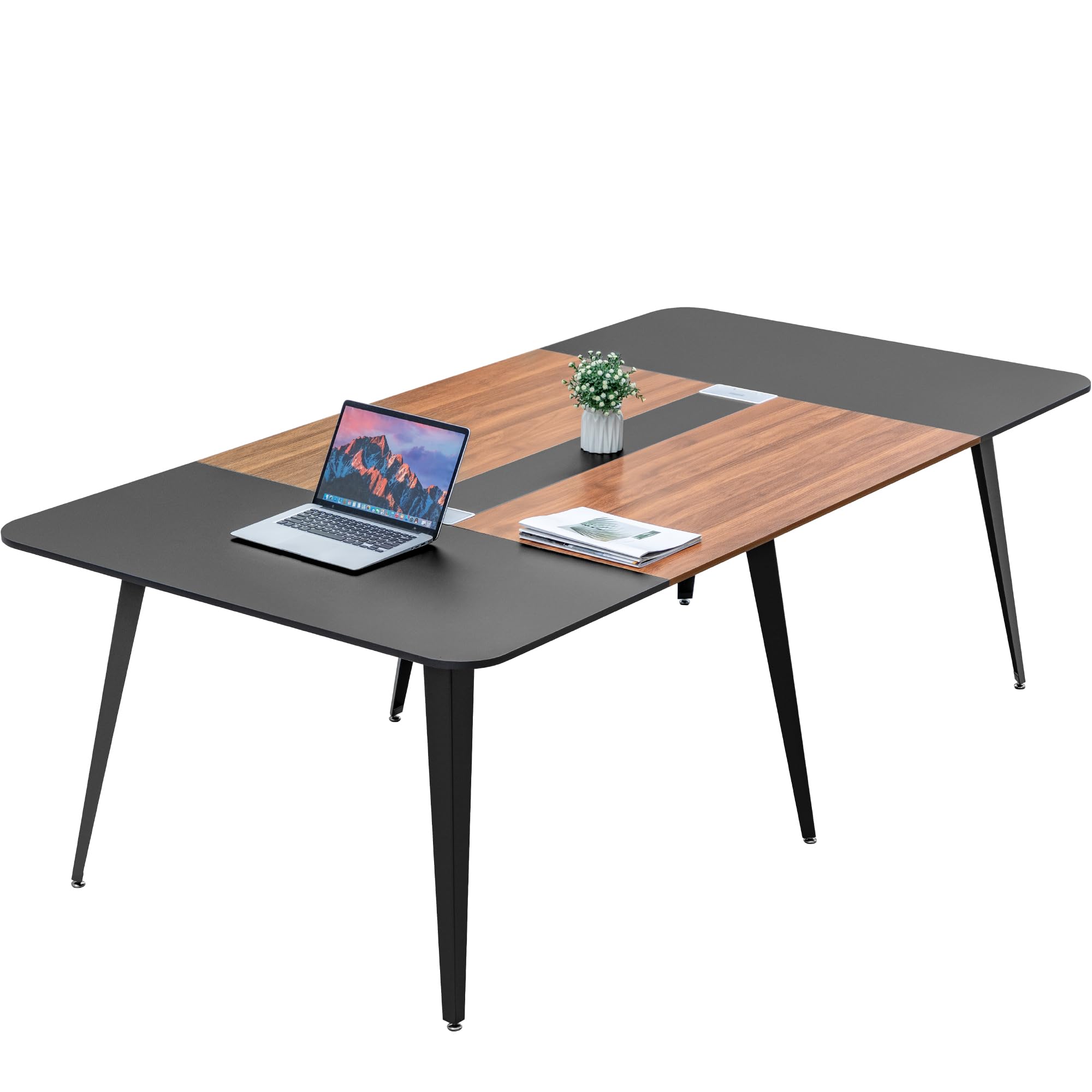 Shahoo 8FT Large Conference Table - Modern Rectangle Boardroom Table with Metal Frame & Cable Grommet - Office Meeting Table for Conference Rooms, Seminars & Team Collaboration (Black/Brown, 94.5