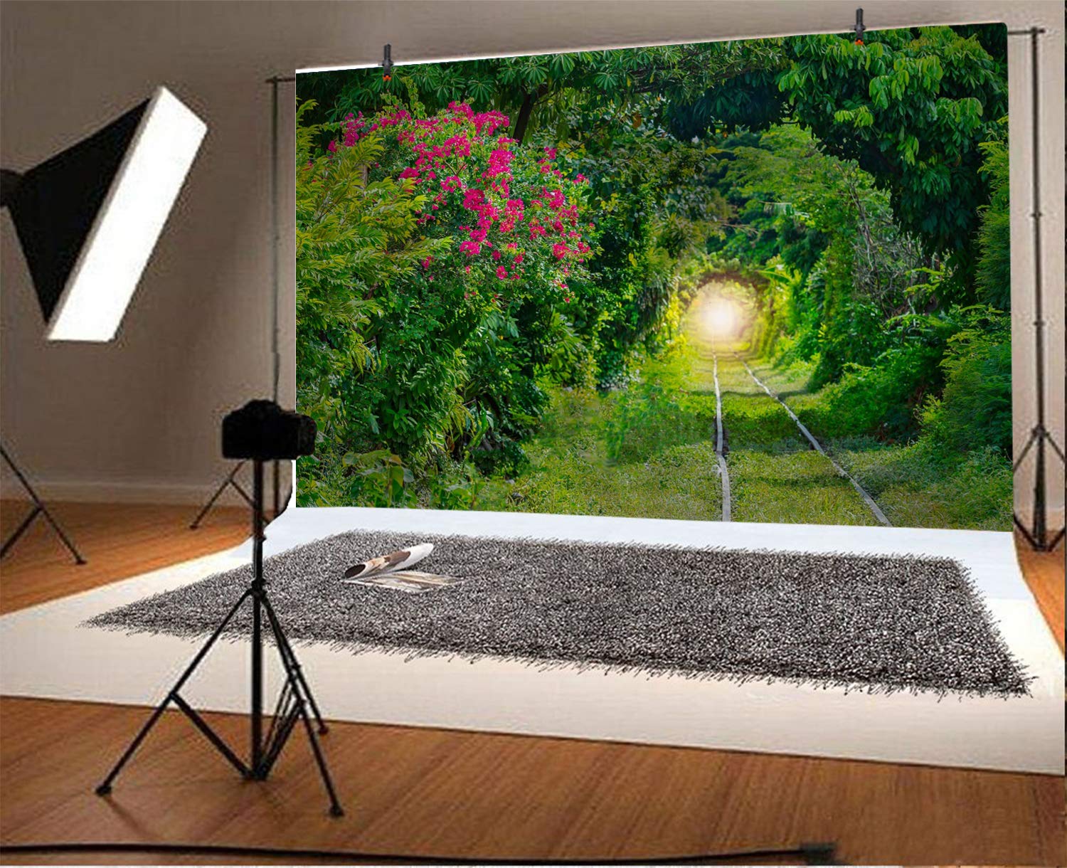 7x5ft Green Trees Arch Tunnel Vinyl Photography Backdrop - Narrow Path with Flowers & Grass Covered Railway Track for Portraits, Video Displays, Photo Studio Props | Perfect for Outdoor-Themed Shoots, Wedding Backgrounds, and Social Media Content Creation