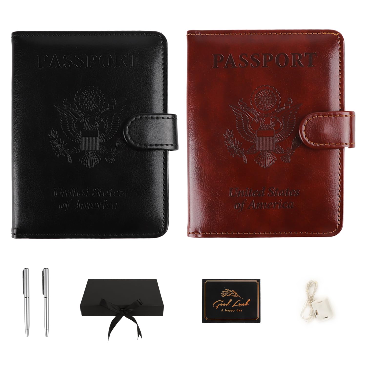 Premium 2-Pack PU Leather Passport Holder Wallet - RFID Blocking Travel Essentials for Men & Women (Black & Brown) with Pen Slot & Gift Box - Perfect for International Trips, Business Travel & Holiday Gifts