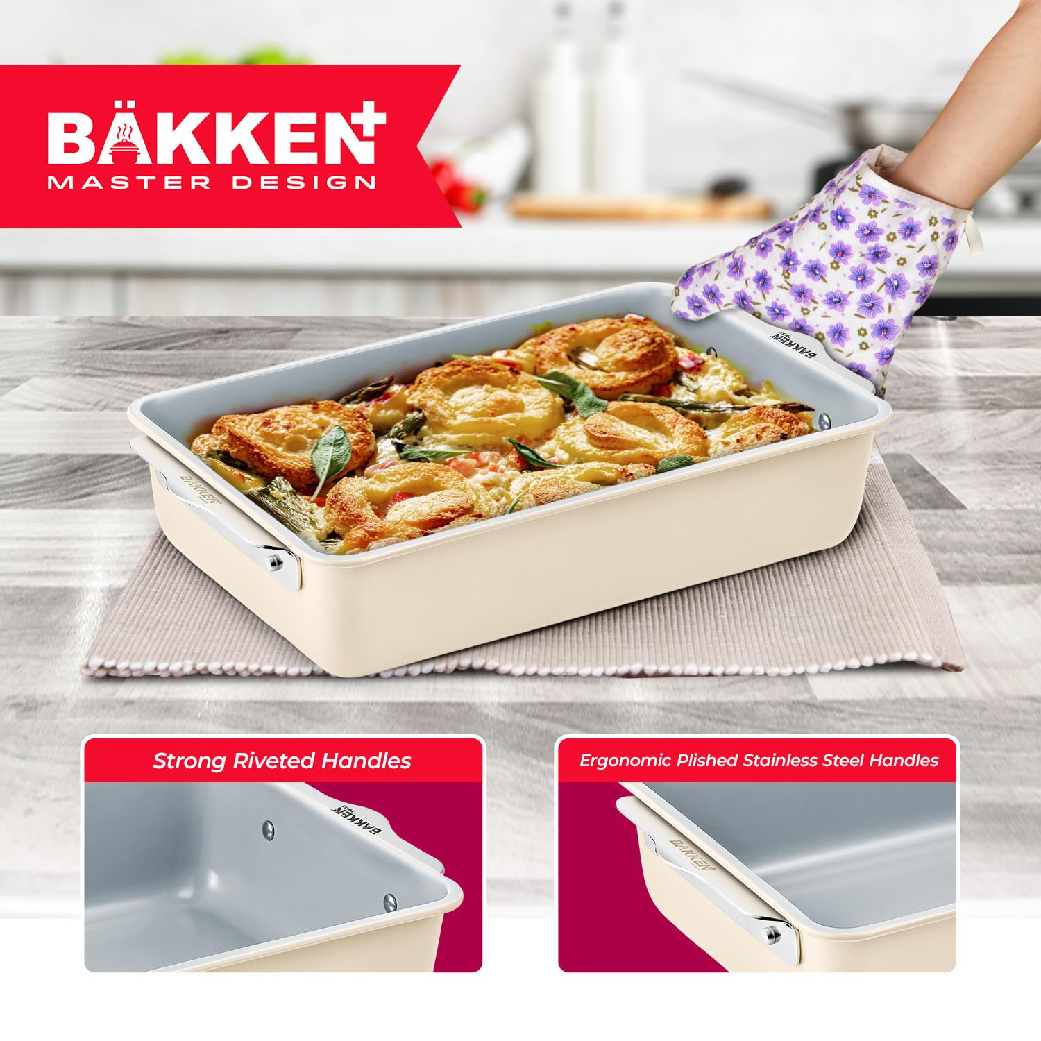 Bakken 8-Piece Stackable Bakeware Set - Non-Stick Ceramic Baking Sheets & Pans, PTFE/PFOA/PFOS Free - Oven Safe, Ergonomic Handles with Cooling Rack for Healthy Baking - Perfect for Cookies, Cakes, Bread & Party Desserts