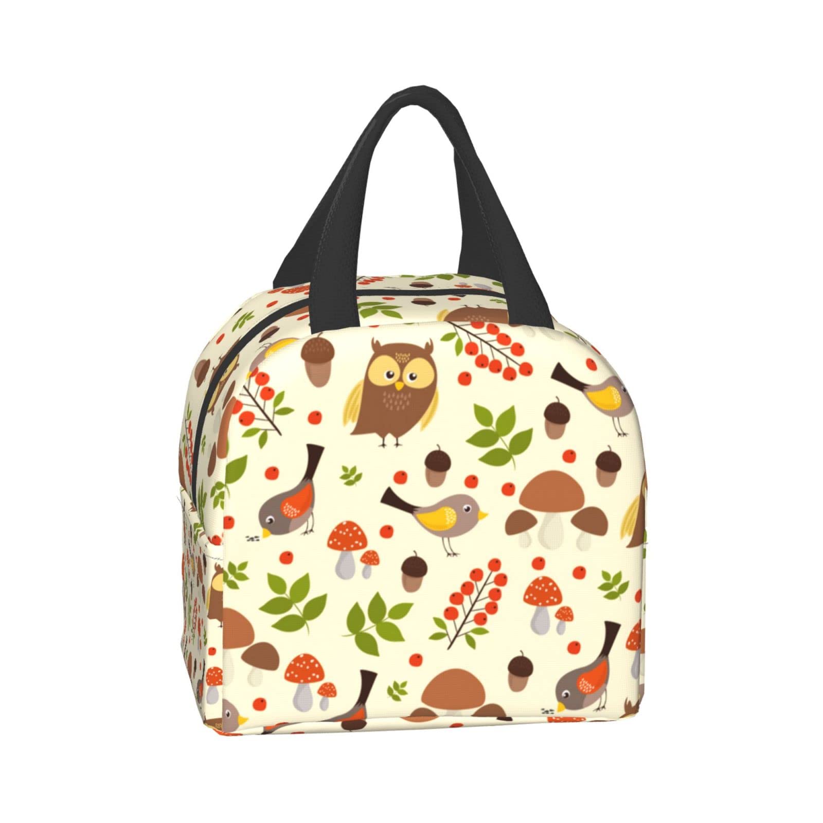 Owl and Mushroom Insulated Lunch Box - Reusable Thermal Lunch Bag for Women & Men - Perfect for Office, School, Camping, Hiking, Picnic, Beach & Travel - Keep Food Fresh Anywhere
