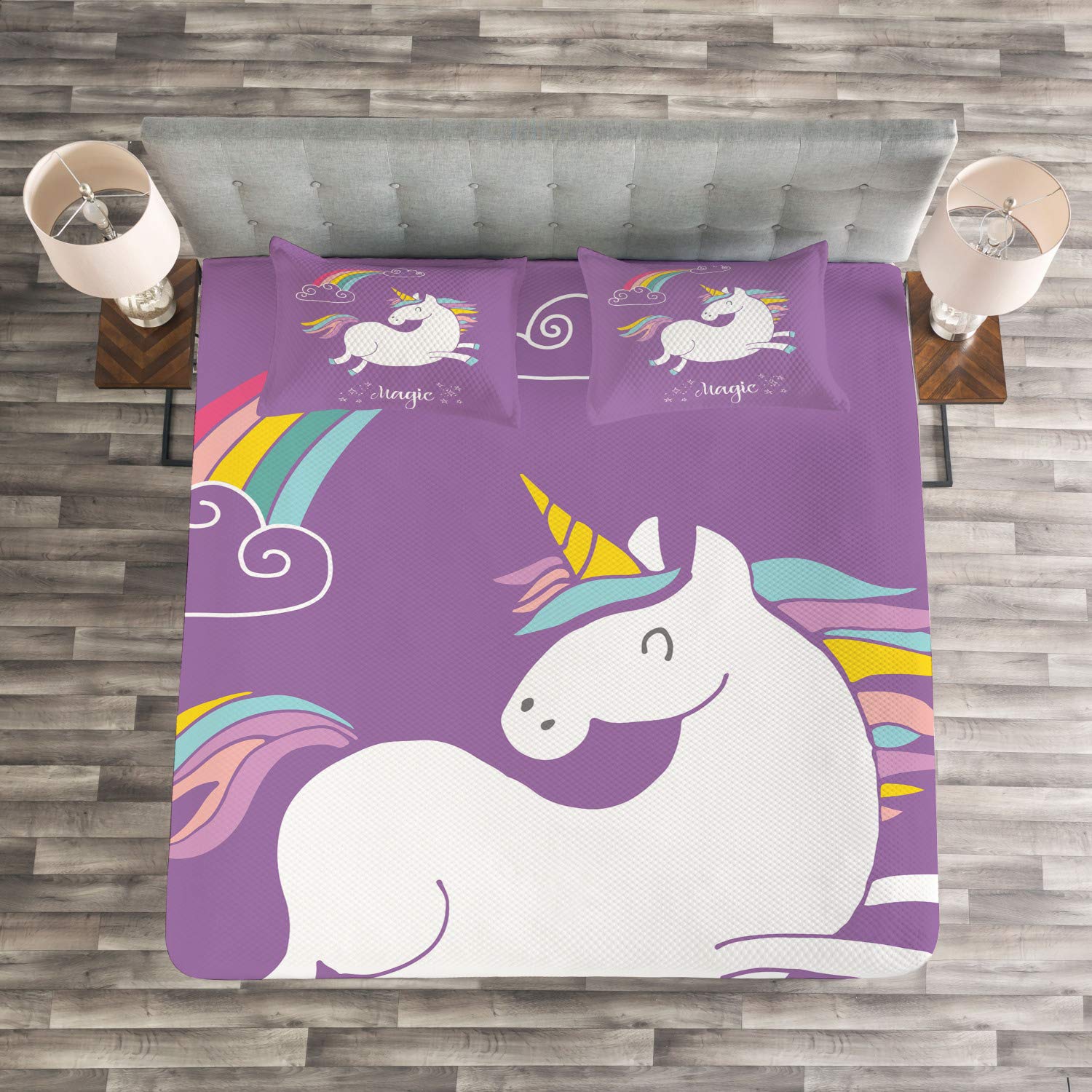 Ambesonne Unicorn Bedspread Set - Mythical Animal Clouds & Rainbow Horse Print, 3-Piece Queen Size Bedding with Coverlet & 2 Pillow Shams in Lavender White | Perfect for Kids' Rooms, Fantasy Themed Bedrooms & Gift Giving