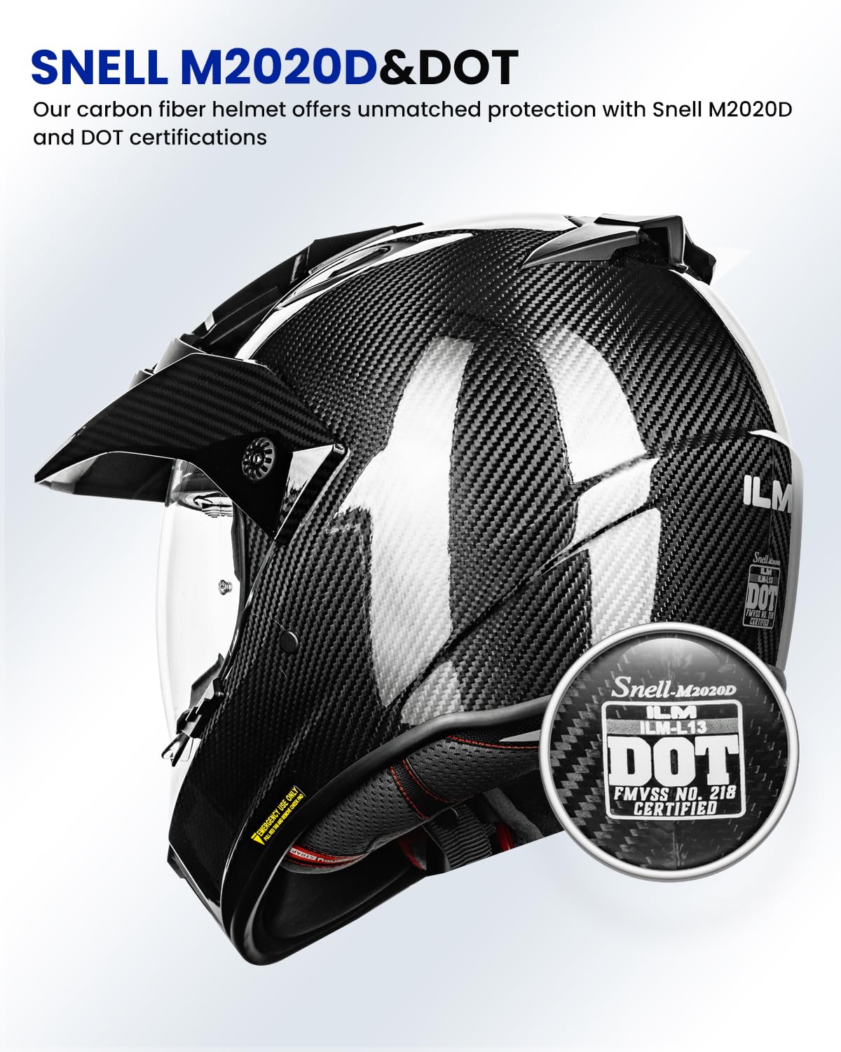 Snell M2020D Certified Carbon Fiber Motorcycle Helmet - Full Face Dual Sport & Racing Helmet for Men & Women (Small, Carbon Black) - Perfect for Adventure Riding, Off-Road Biking & Auto Racing