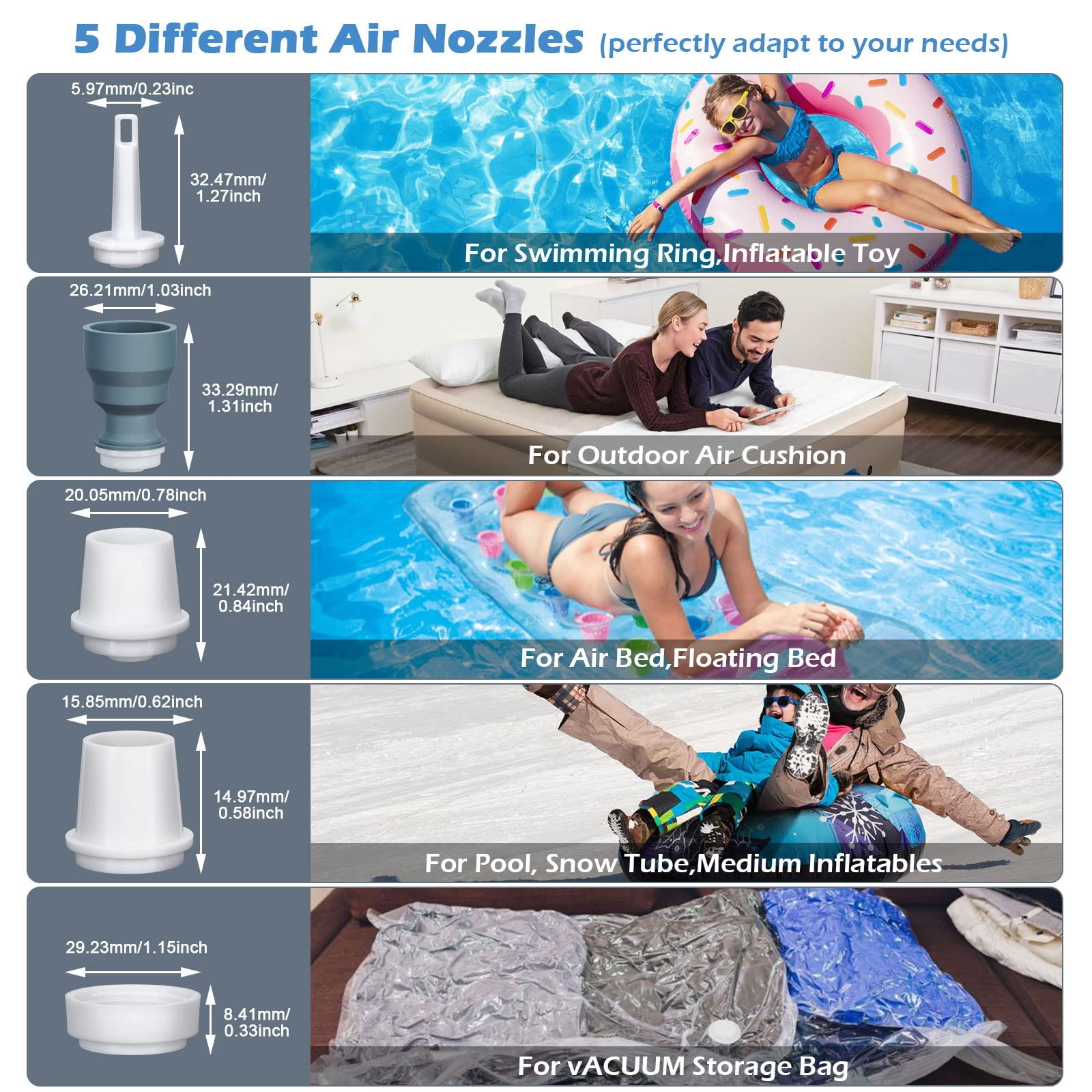 CAMULAND Mini Air Pump - Portable USB Rechargeable Inflator with 1300mAh Battery & 5 Nozzles - for Air Mattress, Pool Floats, Vacuum Storage Bags - Perfect for Camping, Travel, and Home Storage Organization