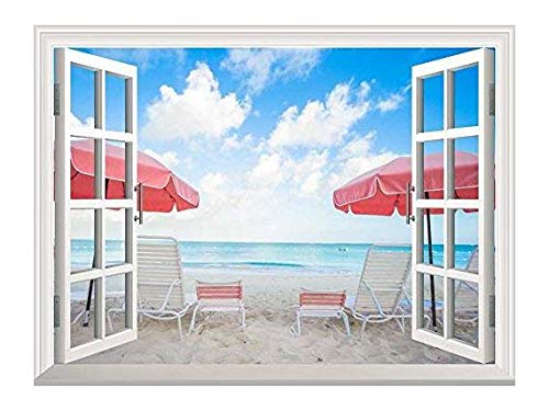 Wall26 Removable Wall Sticker & Mural - Tropical Beach Scene with Two Chairs & Umbrellas | 24