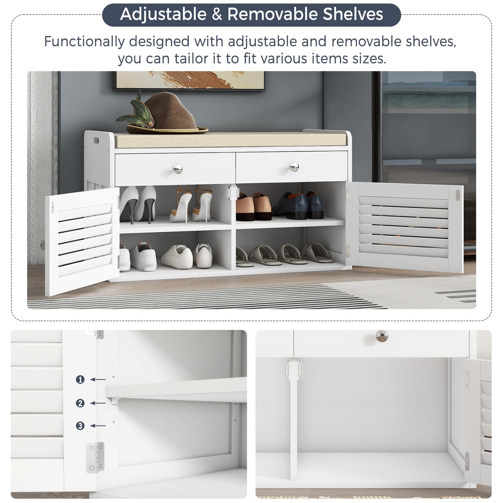White Shoe Storage Bench with 2 Drawers & 2 Doors - Entryway Bench with Cushion & Adjustable Shelves - Multifunctional Shoe Cabinet for Entryway, Living Room, Hallway, Mudroom, Bedroom - Perfect for Organizing Shoes, Hats & Home Decor Items