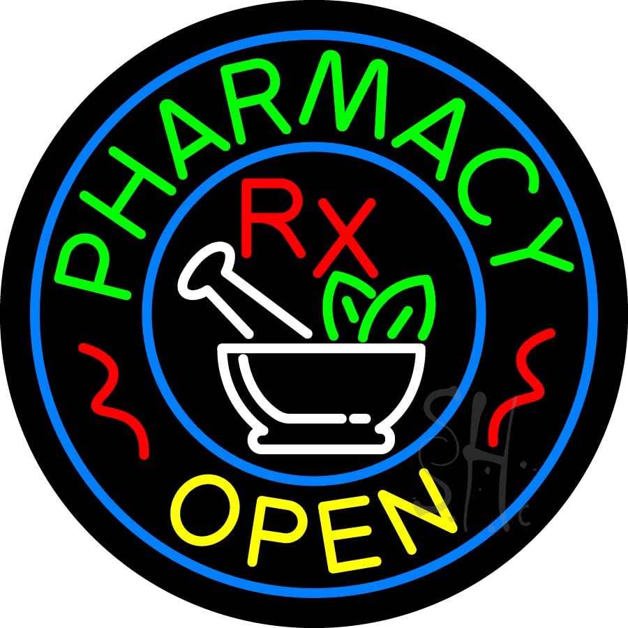26x26 Inch Round Pharmacy Open LED Neon Sign with Dimmer - Black Square Cut Acrylic Backing - Bright Premium Indoor Neon Light for Medical Stores & Clinics - Perfect for Pharmacy Windows, Healthcare Offices & Medical Camp Decor