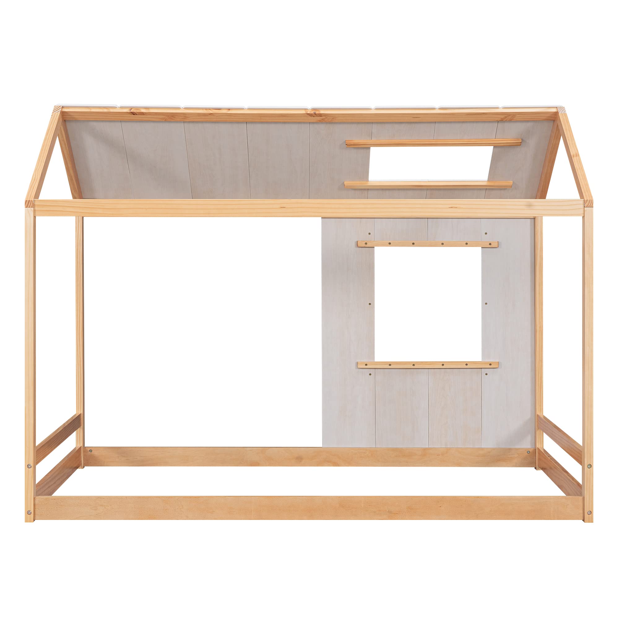 Wooden Twin House Bed Frame with Roof and Window for Kids - Twin Size Floor Bed in Natural & Antique White - Perfect for Boys & Girls Bedrooms, Playrooms, and Cozy Sleepovers