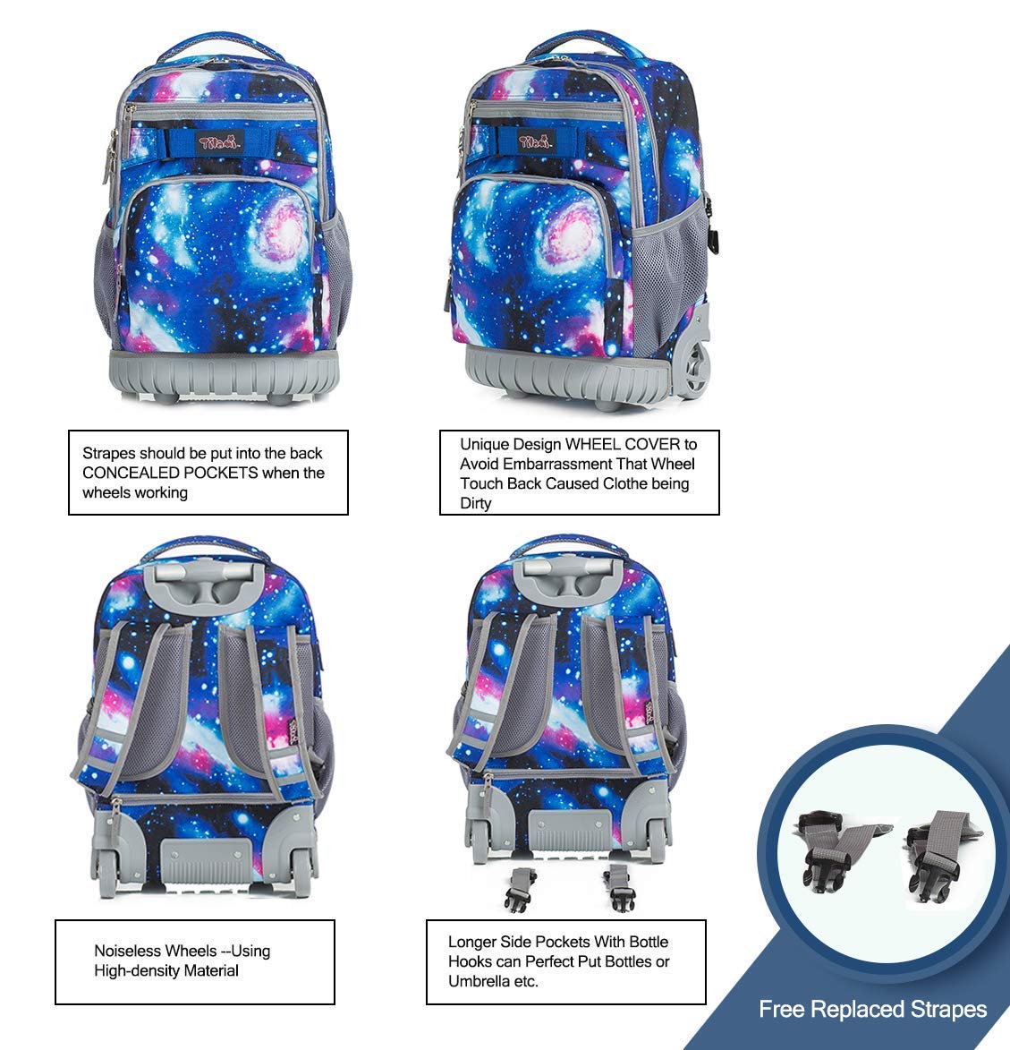Tilami 19 Inch Rolling Backpack with Wheels - Waterproof Wheeled Laptop Backpack for School & Travel, Includes Lunch Bag - Perfect for Students, Business Professionals & Commuters (Galaxy Print)