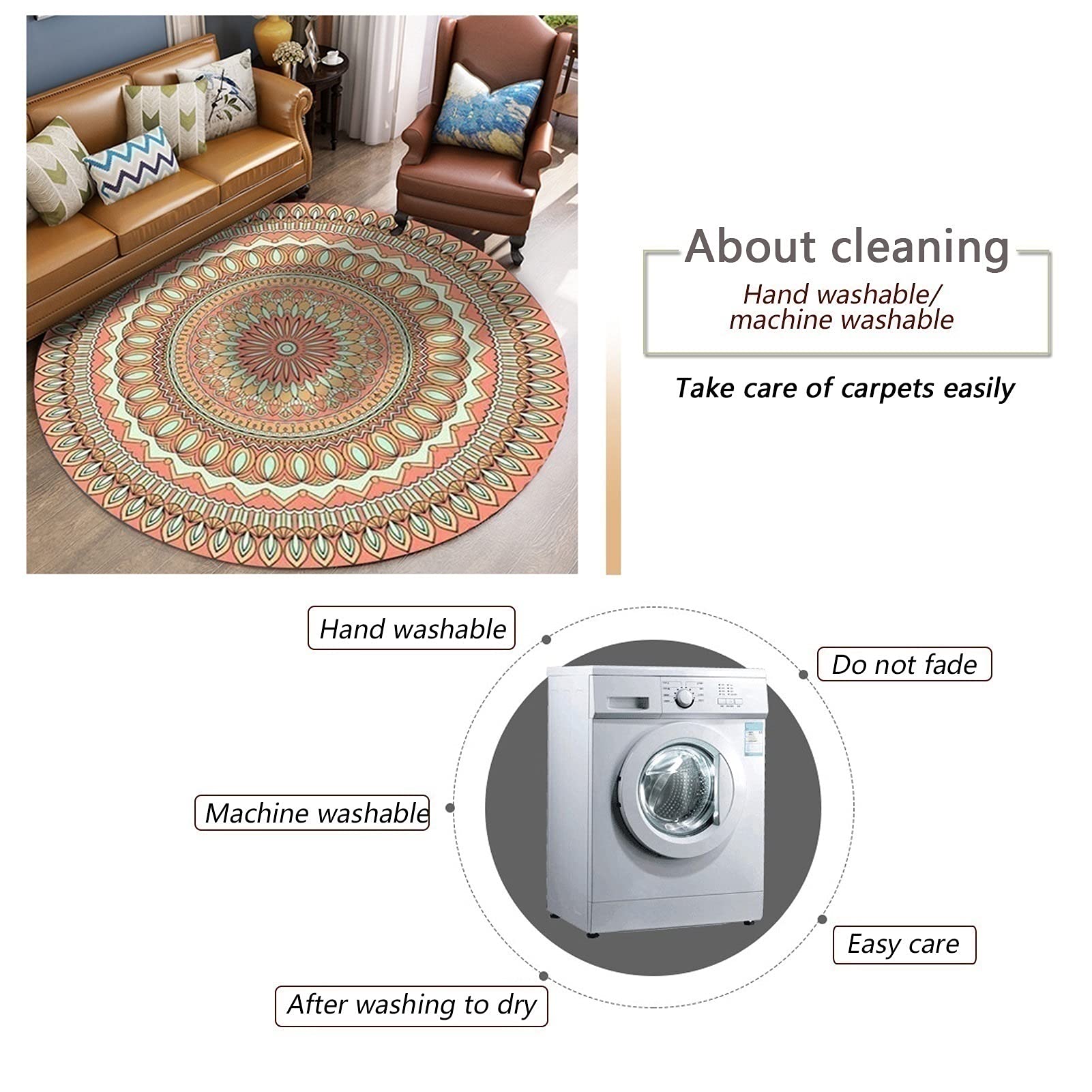 Modern Beige Round Non-Slip Washable Area Rug - 3.9ft Diameter Soft Floor Mat for Living Room, Bedroom, Nursery | Home Decor, Coffee Table Accent, Entryway Runner, Piano Protection Pad