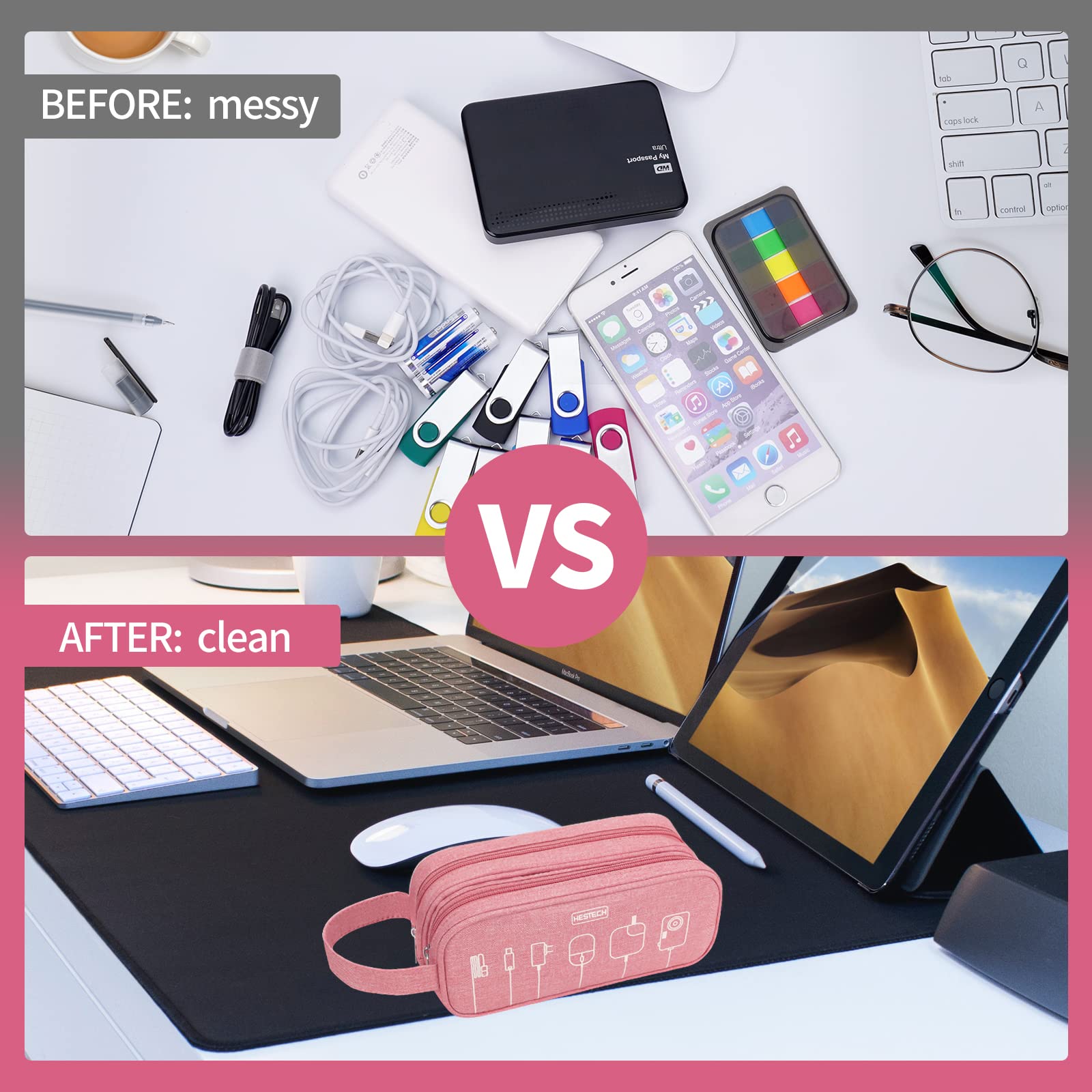 HESTECH Waterproof Double Layer Electronics Organizer Bag - Portable Travel Charger Case for Cables, Mouse, Earbuds, USB Drives (Salmon, Medium) - Perfect for Office, Travel & Home Organization