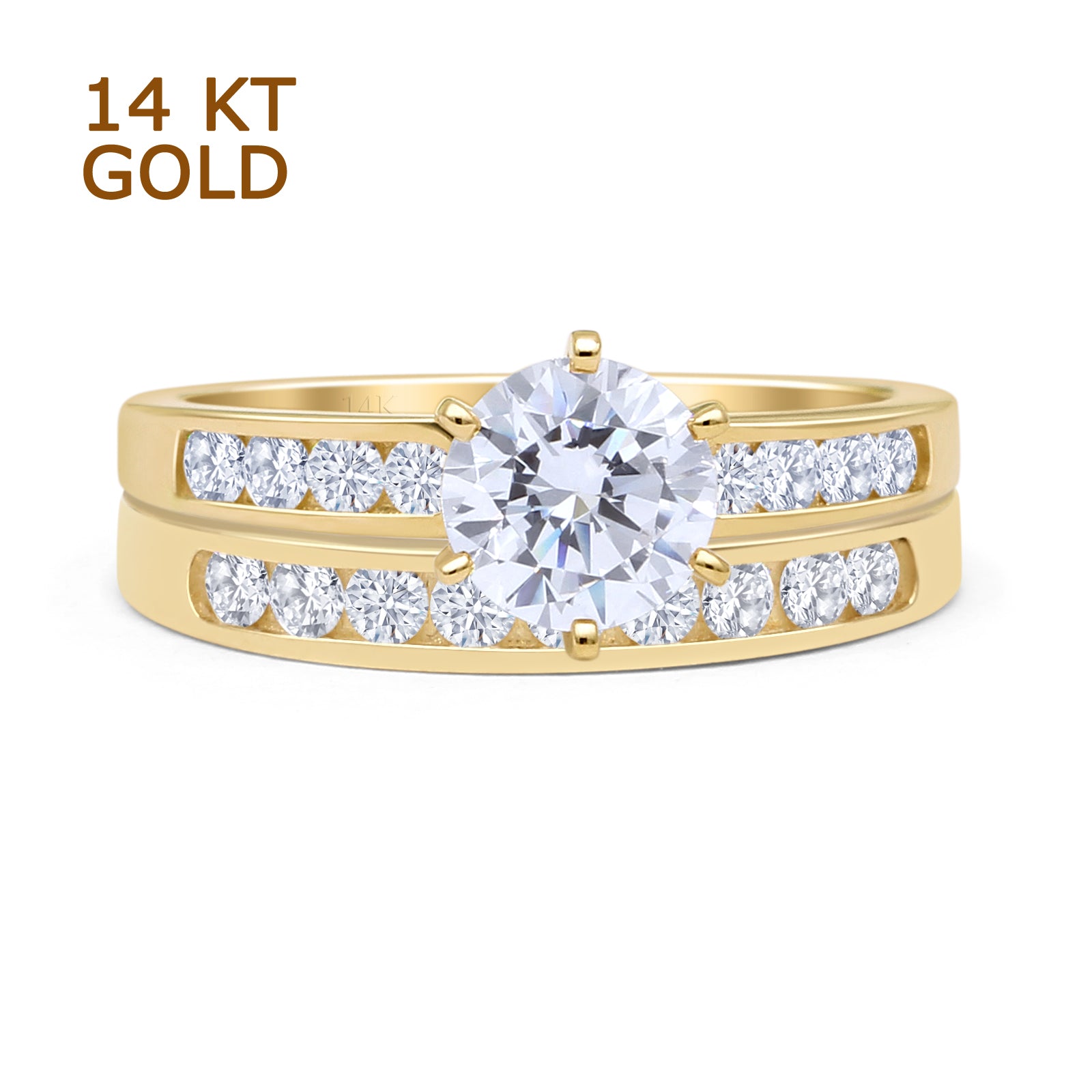 14K Yellow Gold Two Piece Half Eternity Round Cubic Zirconia Cathedral Wedding Ring Set - Perfect for Bridal Jewelry, Anniversary Gifts & Special Occasions