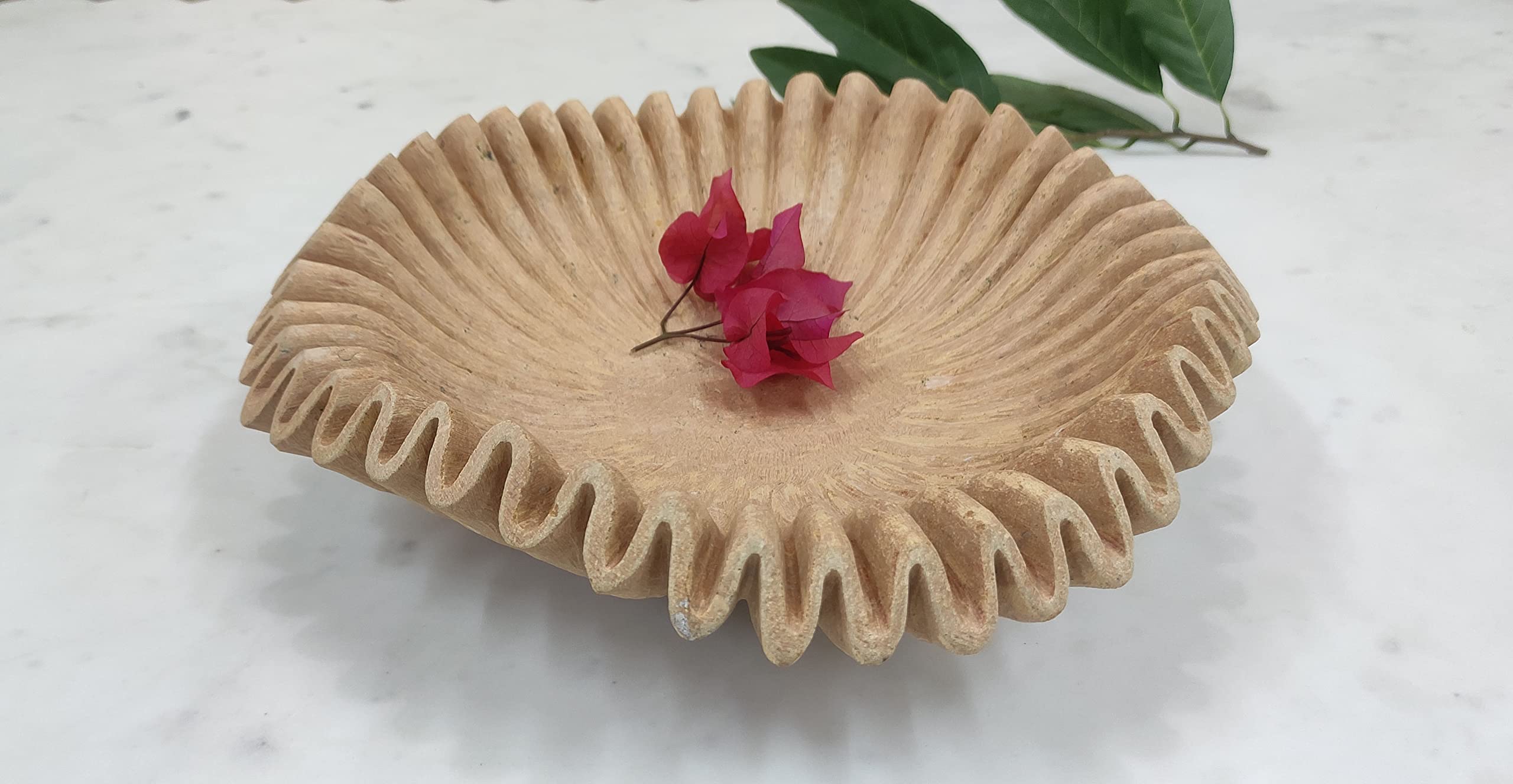 Yellow Sandstone Bowl - 6 Inch Handcrafted Stone Fruit Bowl with Floral & Ruffle Design, Decorative Serving Tray for Kitchen, Dining Table Centerpiece, Home Decor Gift - Perfect for Fruits, Nuts & Party Snacks
