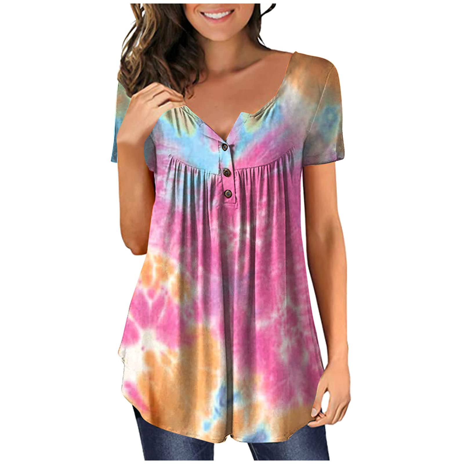 Women's Fashion Scoop Neck Henley T-Shirts - Short Sleeve Pleated Hem Tunic Tops with Trendy Graphic Print | Casual Wear, Summer Outfits & Everyday Style