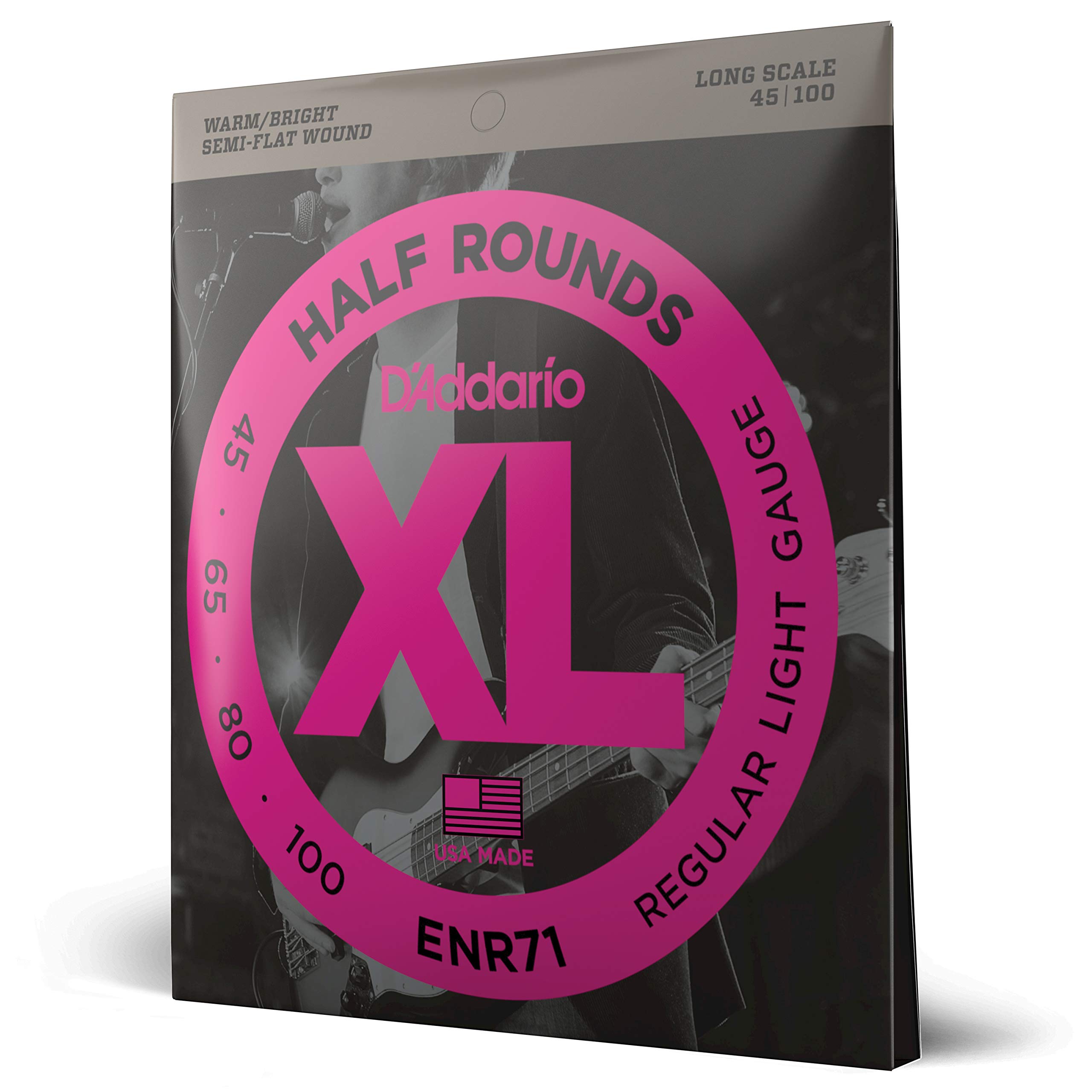 D'Addario XL Nickel Half Round Bass Guitar Strings - ENR71, Long Scale, Regular Light Gauge 45-100, 4-String Set (Pack of 1) | Smooth Playability for Jazz, Blues & Rock Performances