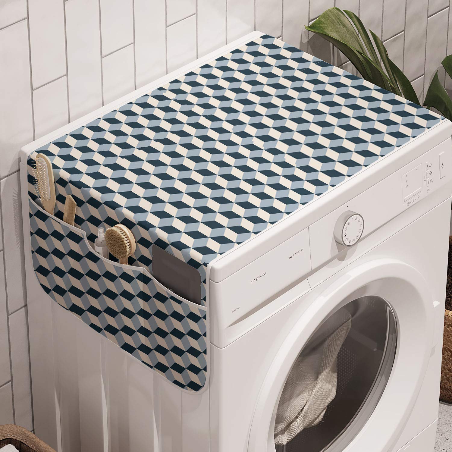 Ambesonne Retro Washing Machine Cover - 3D Geometric Pattern Anti-Slip Fabric Organizer for Washers & Dryers 47