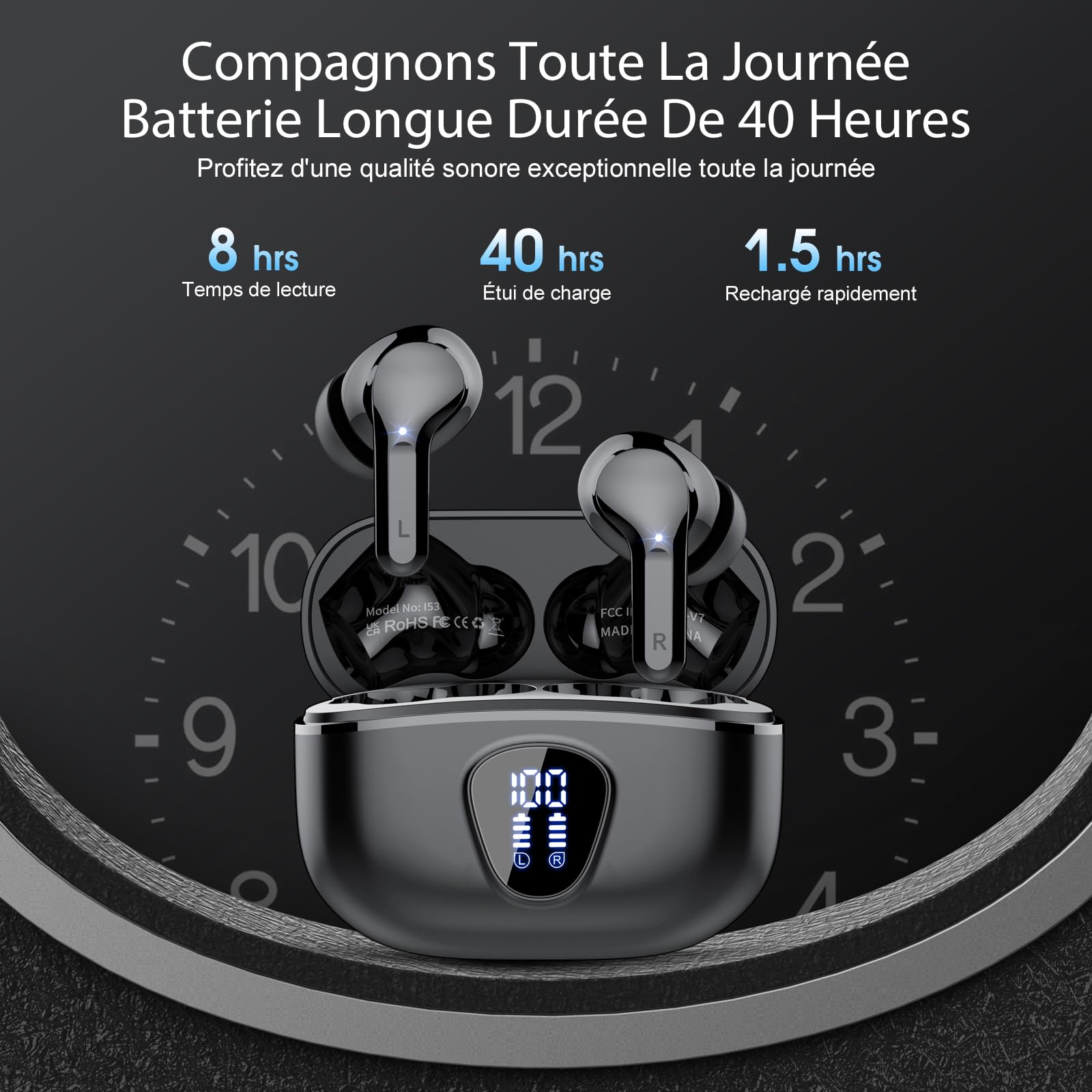 Wireless Bluetooth Headphones 5.3 with Immersive Bass, 4 ENC Mic Noise Cancelling Earbuds, 40H Playtime LED Display, IP7 Waterproof Touch Control - Perfect for Gym, Running, Travel & Work (Black, 2024 Model)